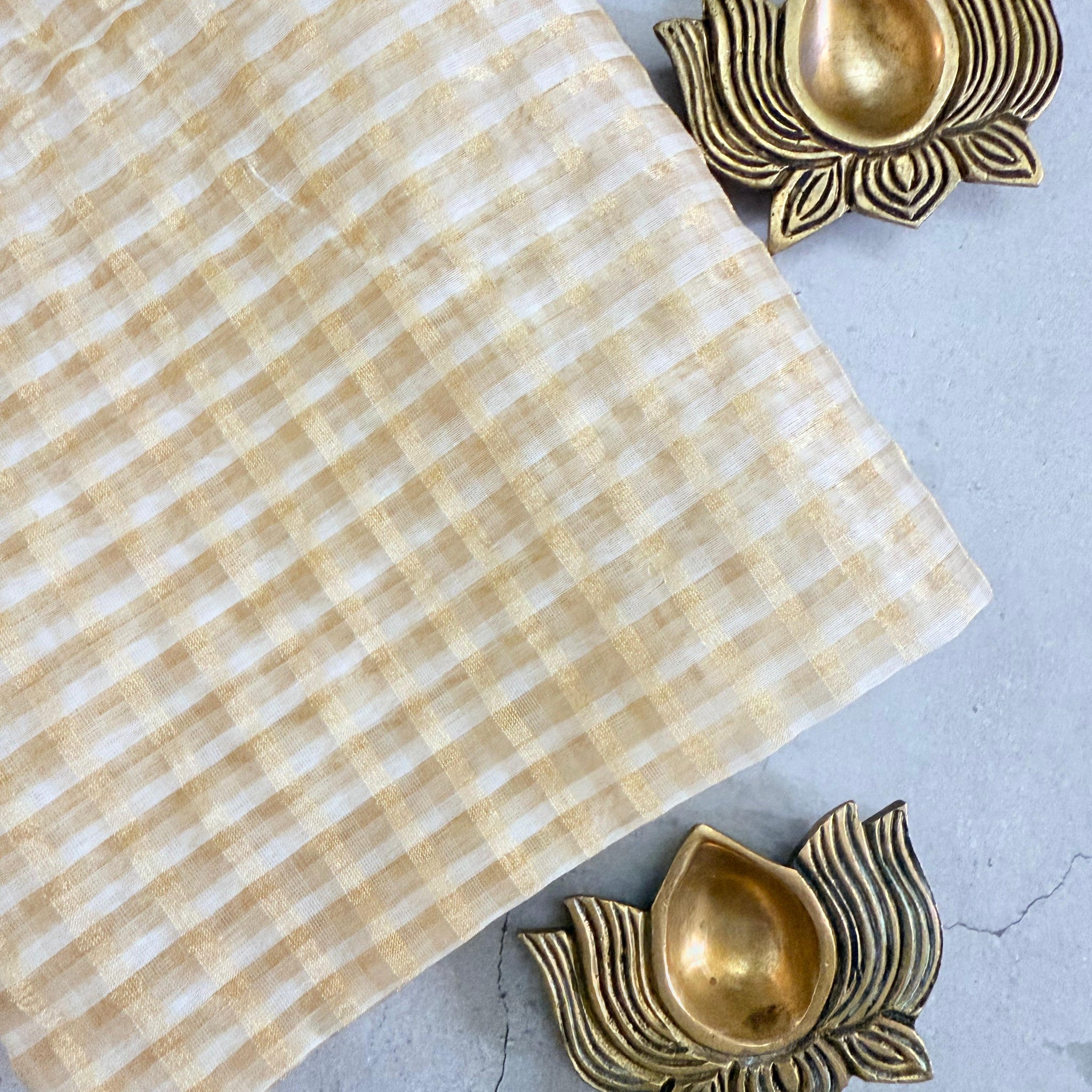 Gold and White Checkered Handwoven Silk Cotton Blouse Fabric
