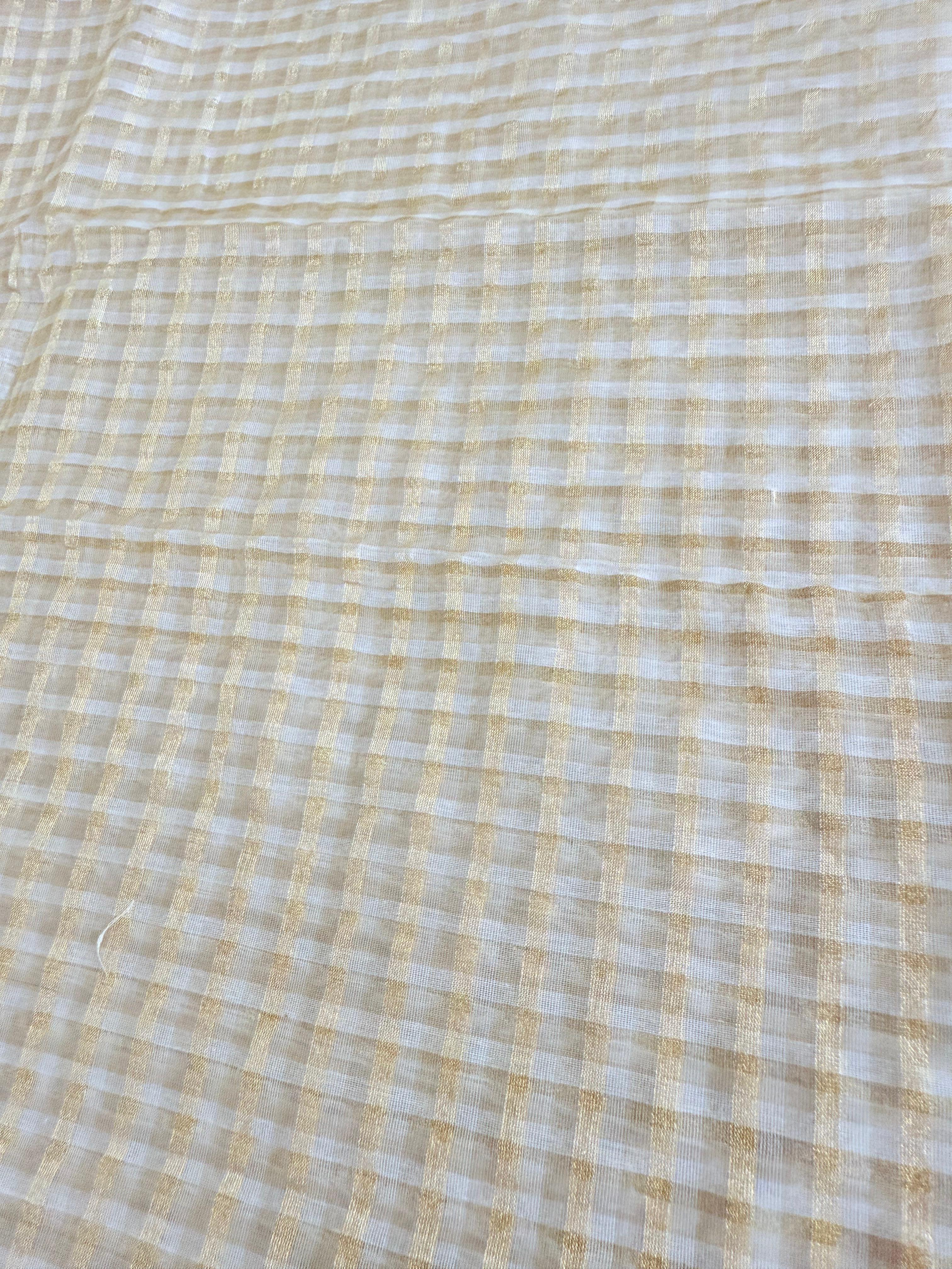 Gold and White Checkered Handwoven Silk Cotton Blouse Fabric