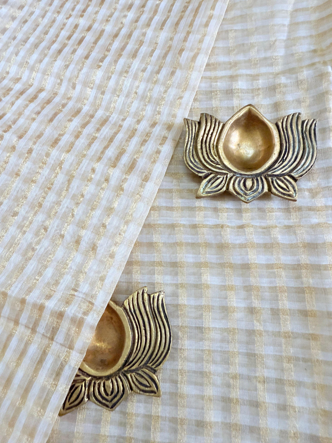 Gold and White Checkered Handwoven Silk Cotton Blouse Fabric