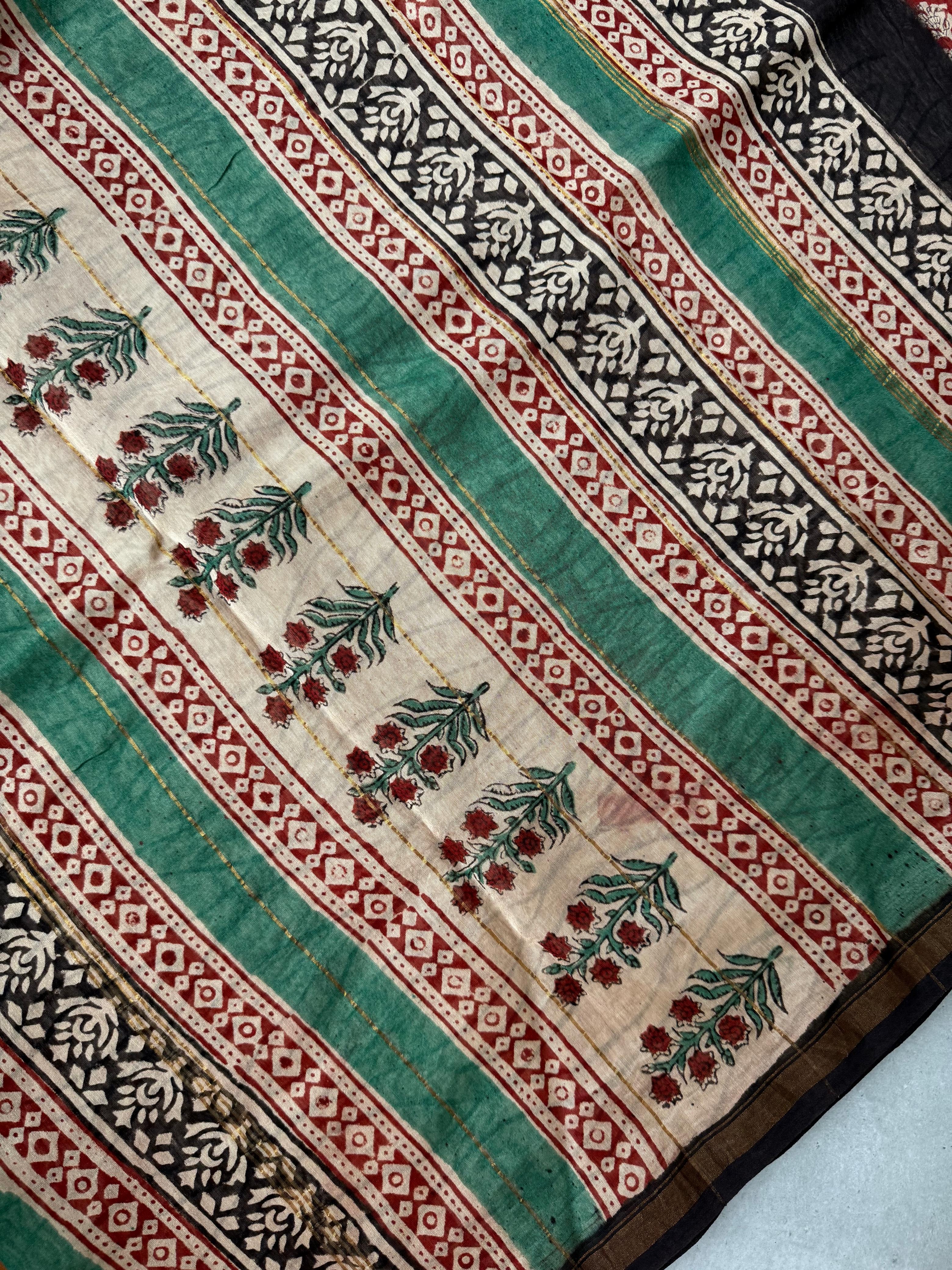 Mandaaram | Red Floral Block Printed Chanderi Saree