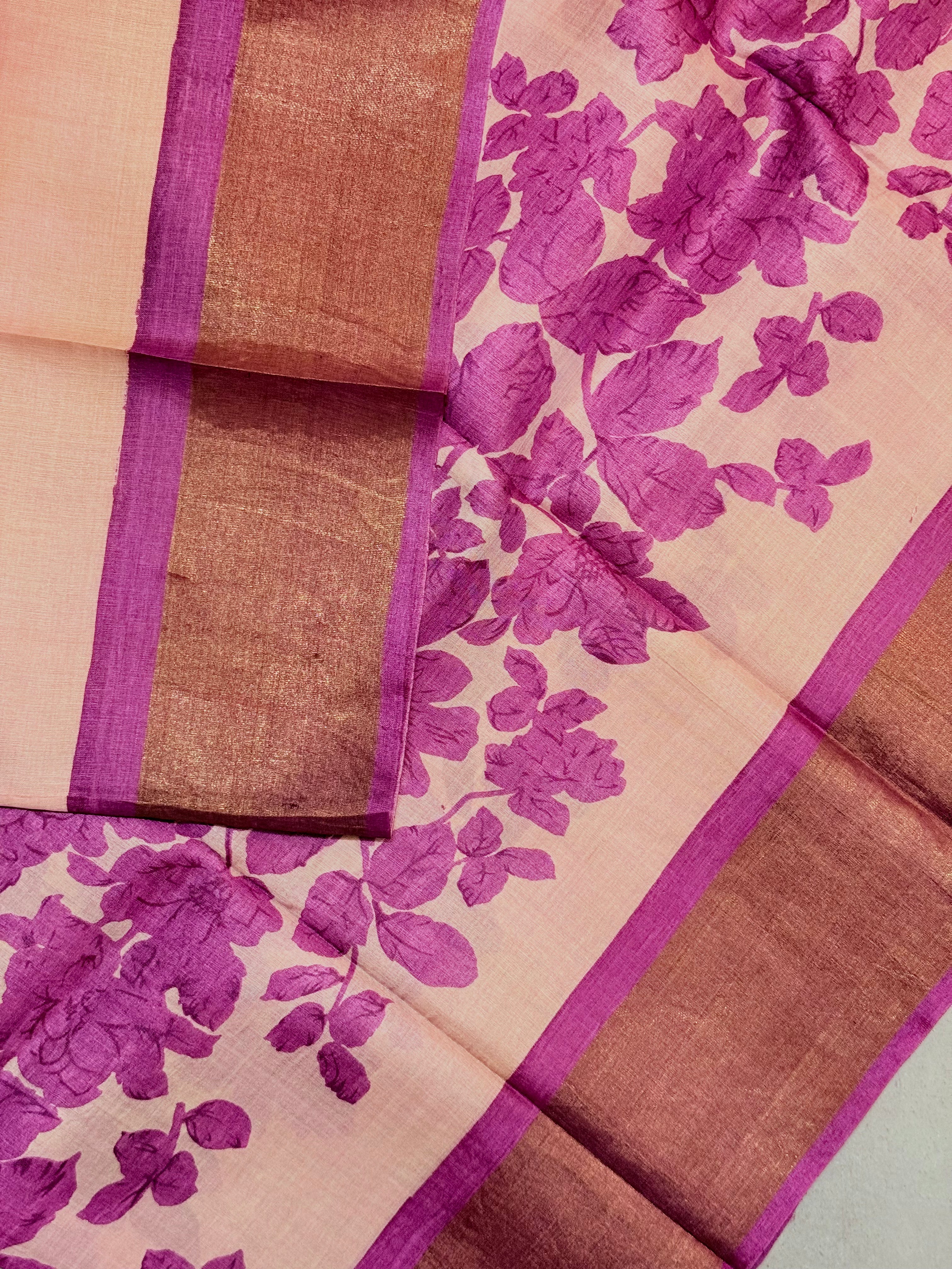 Yashna | Pink Floral Printed Tussar Silk Saree