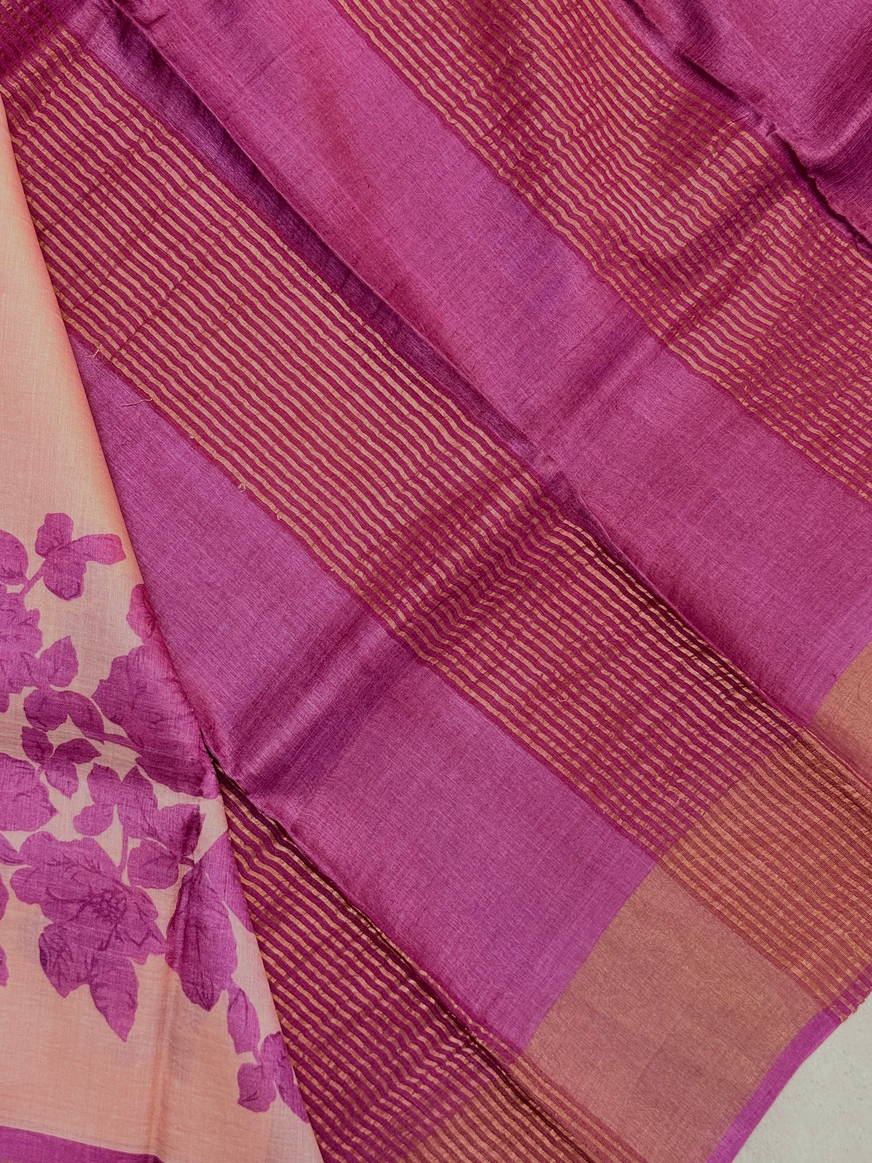 Yashna | Pink Floral Printed Tussar Silk Saree