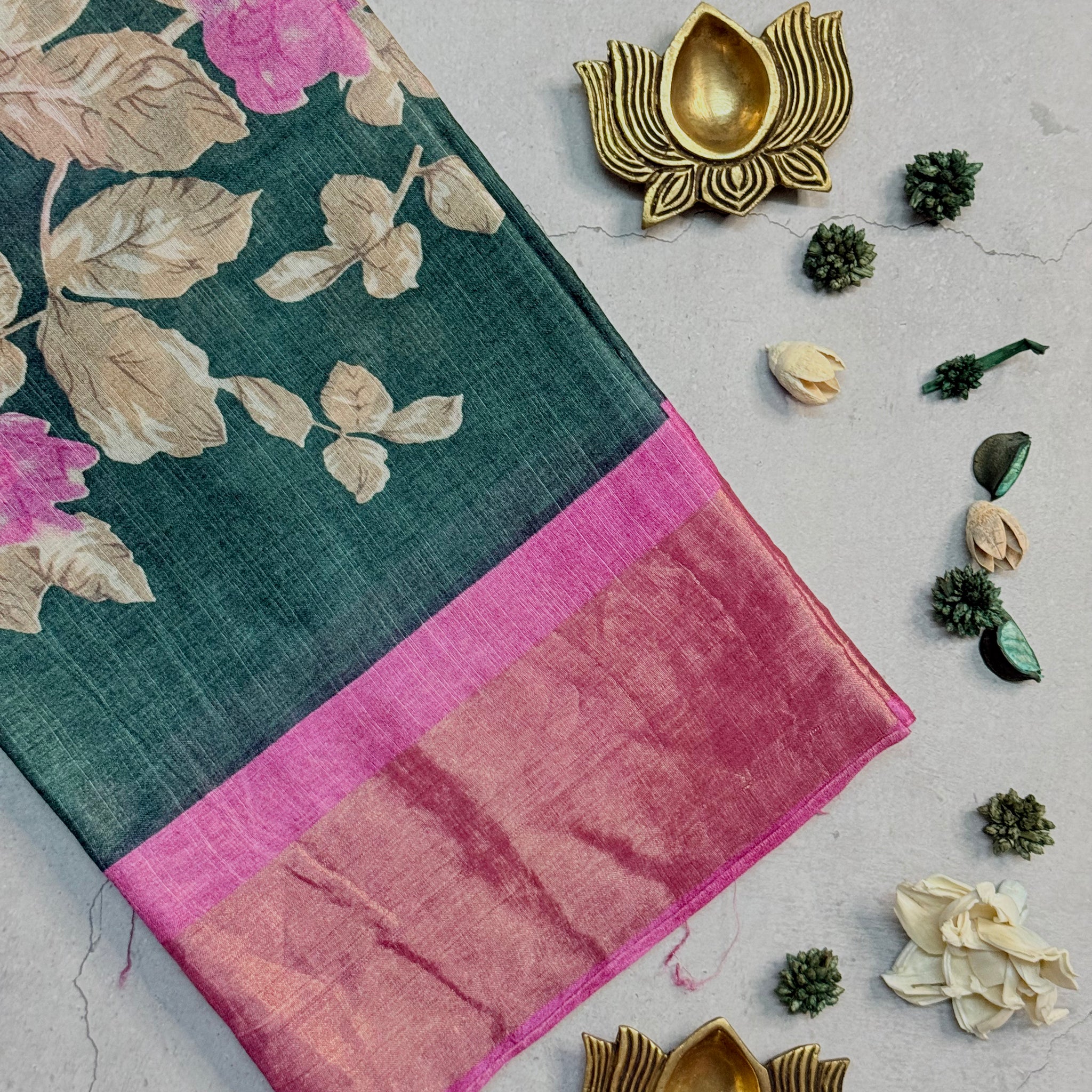 Yuktha | Green and Pink Floral Printed Tussar Silk Saree