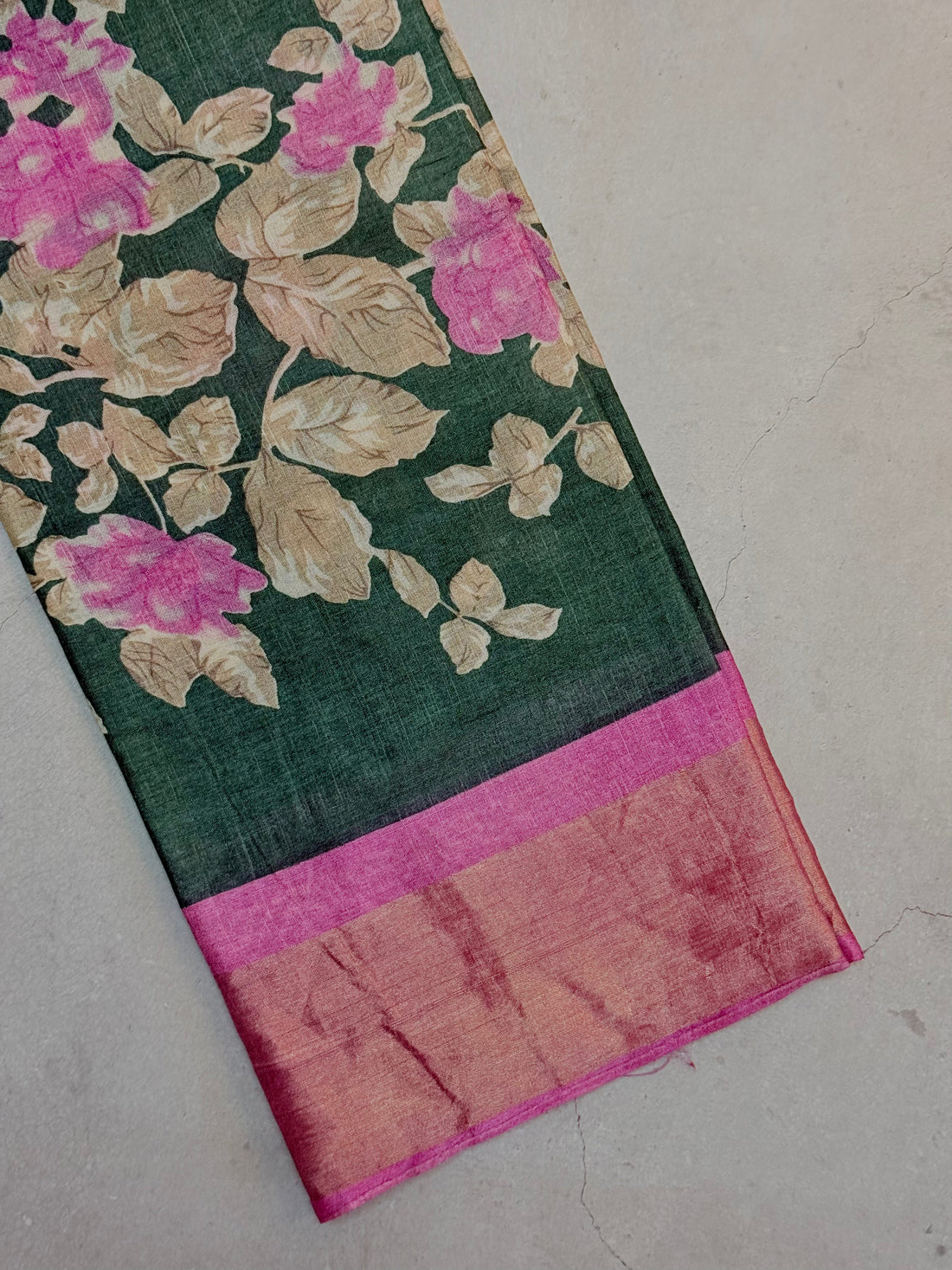 Yuktha | Green and Pink Floral Printed Tussar Silk Saree