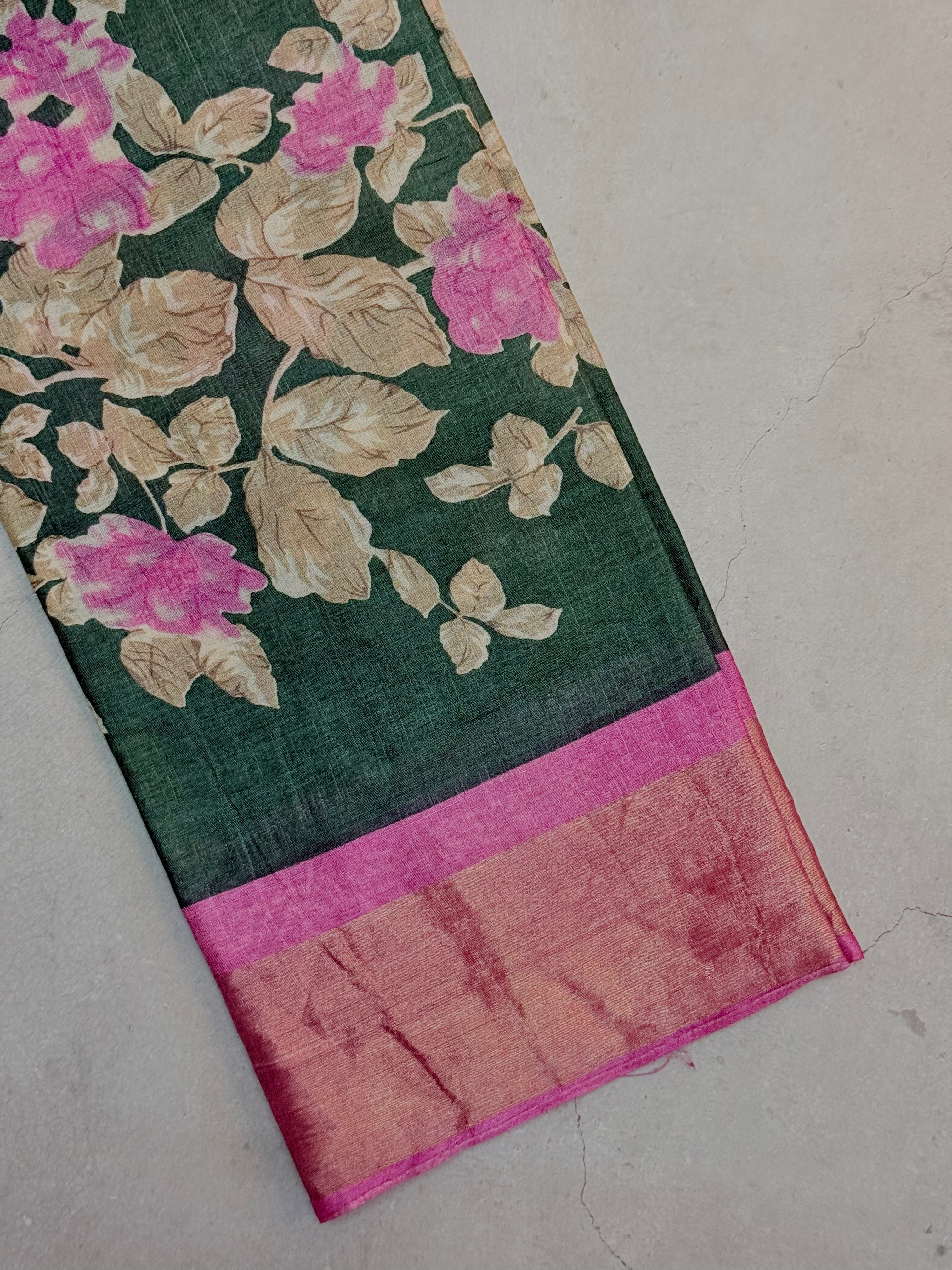Yuktha | Green and Pink Floral Printed Tussar Silk Saree
