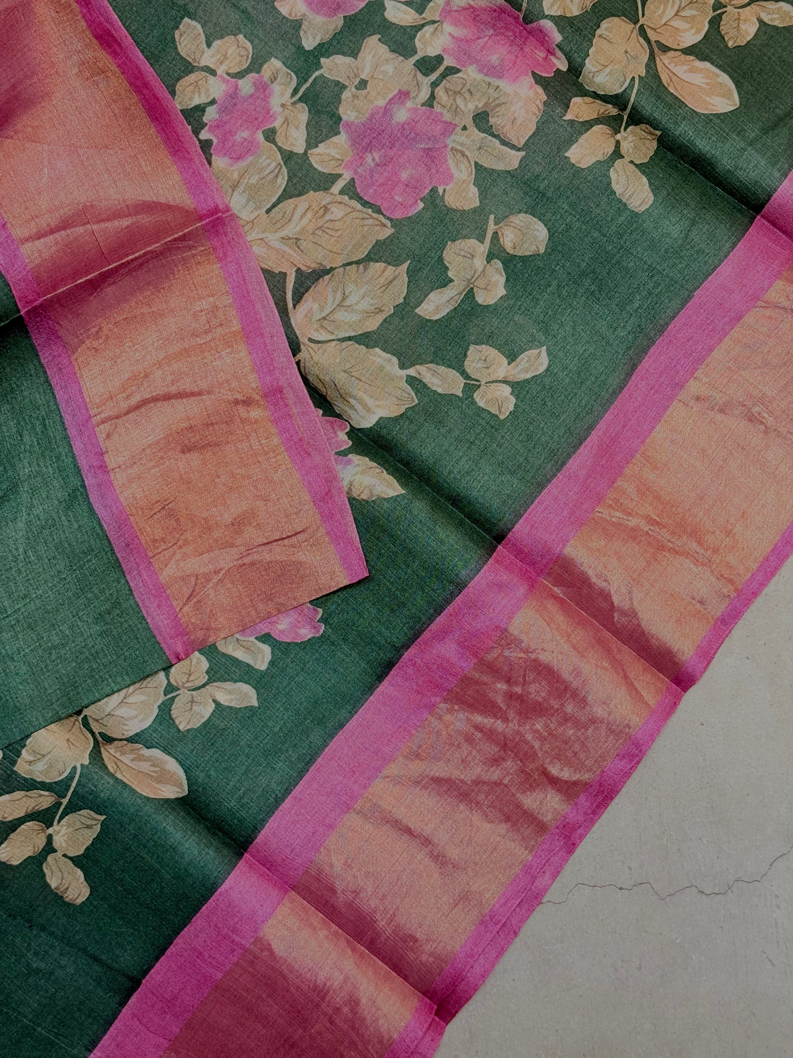 Yuktha | Green and Pink Floral Printed Tussar Silk Saree