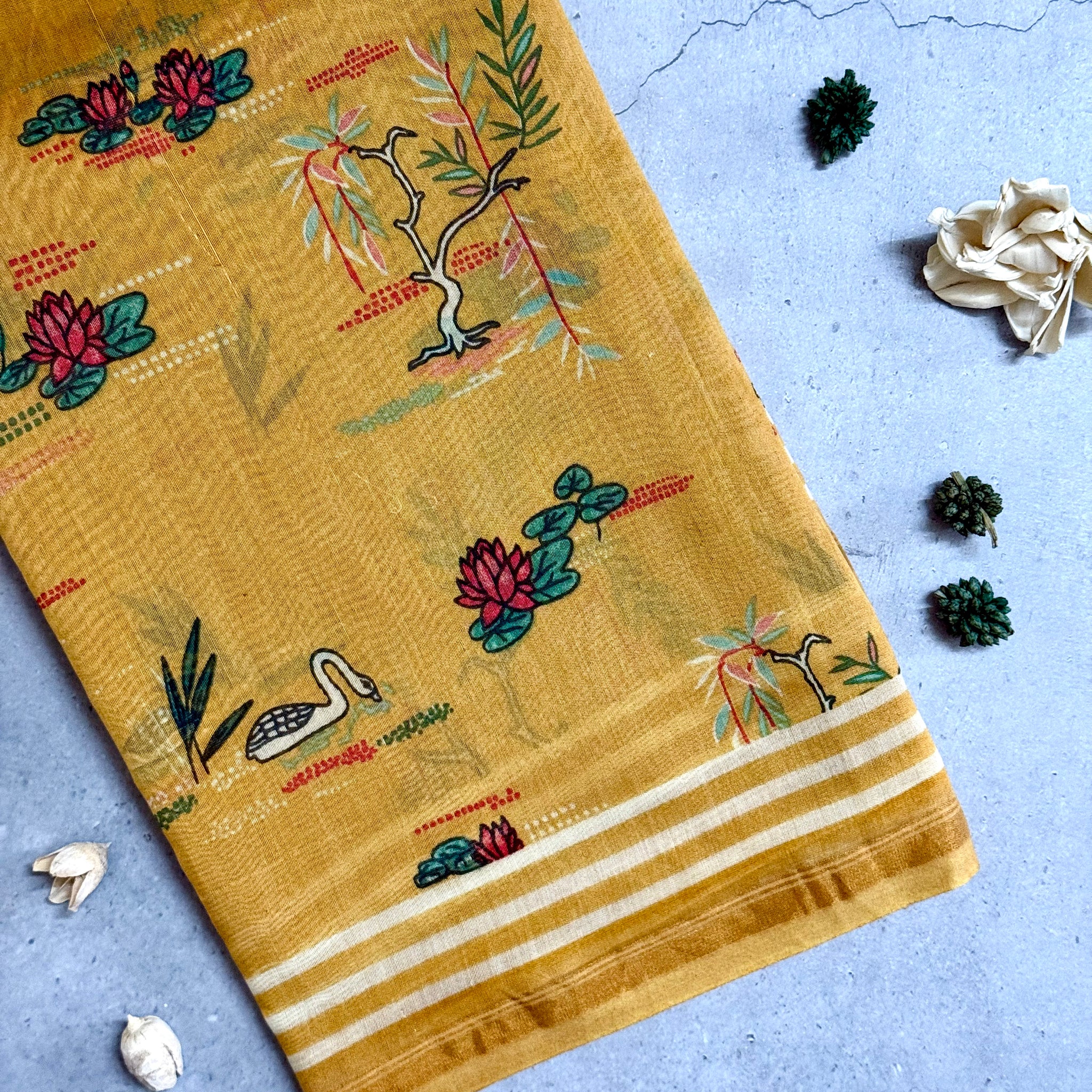 Zara | Yellow Printed Chanderi Saree