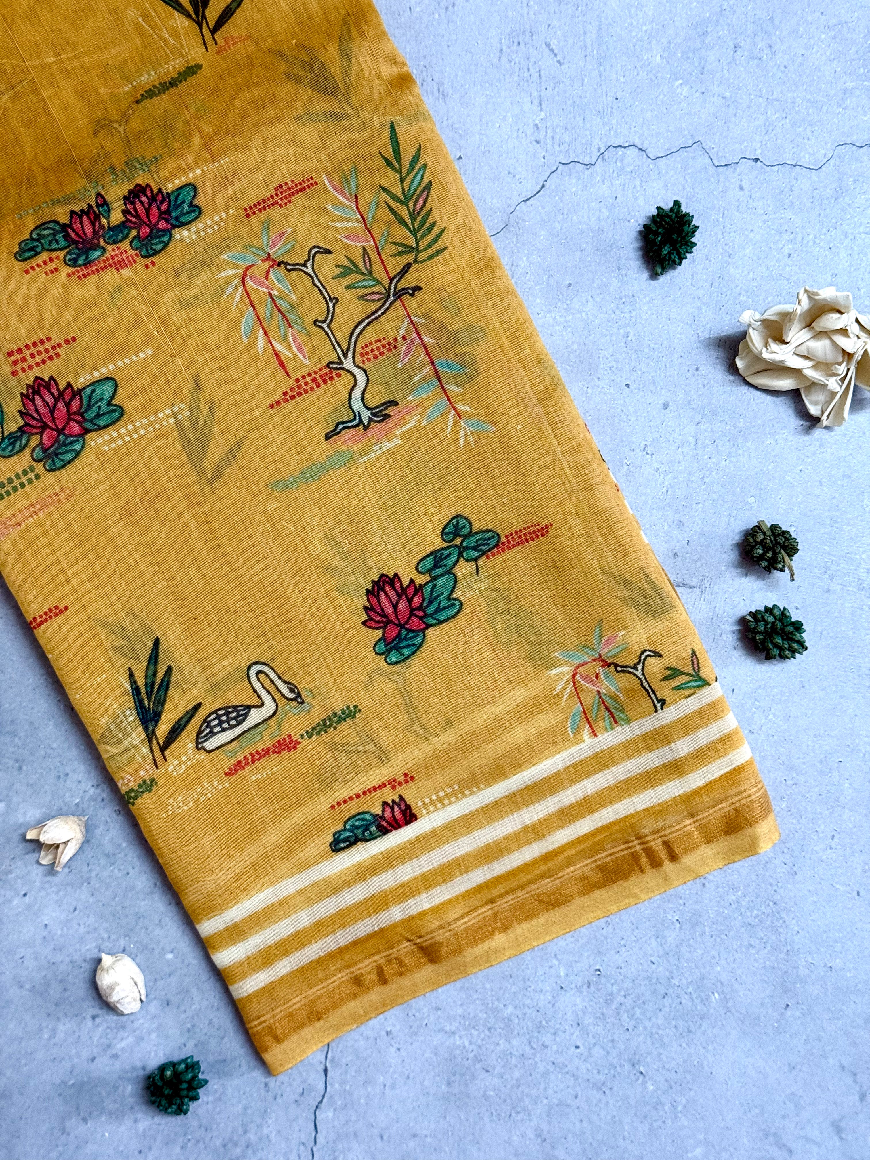 Zara | Yellow Printed Chanderi Saree