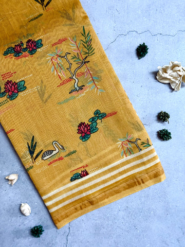 Zara | Yellow Printed Chanderi Saree