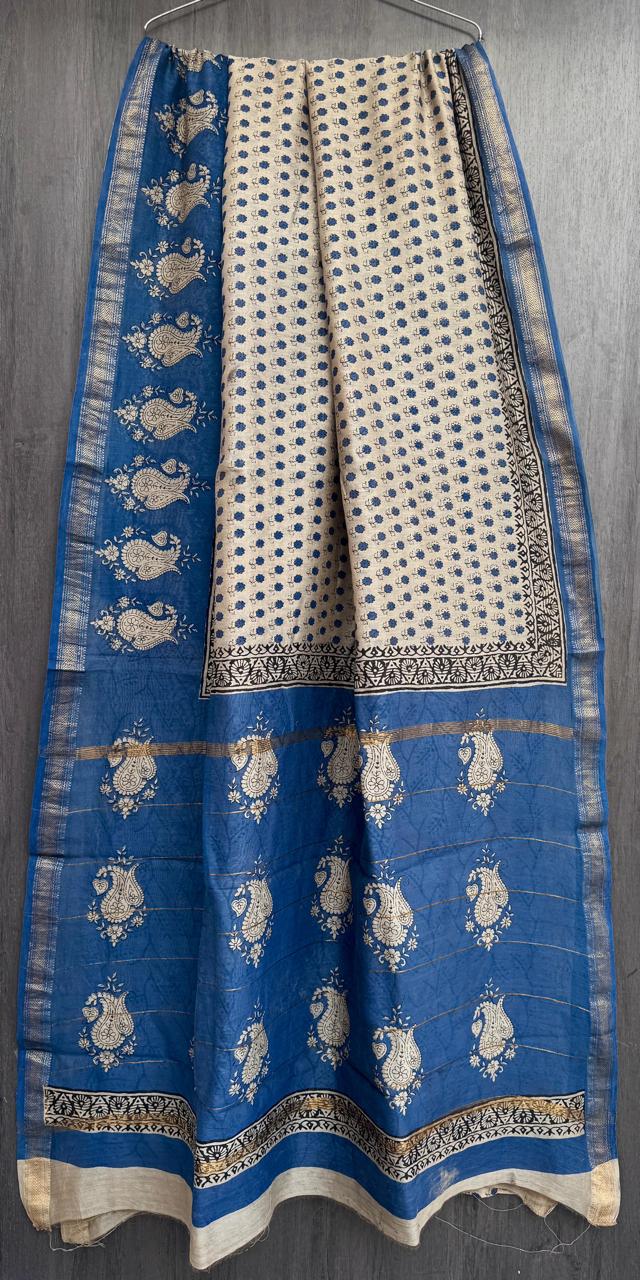 Lepa |Beige and Blue Block Printed Maheshwari Saree