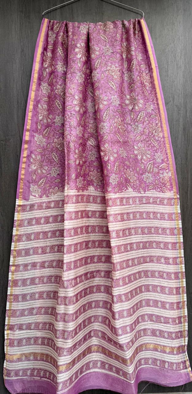 Gulika | Pink and White Floral Block Printed Chanderi Saree
