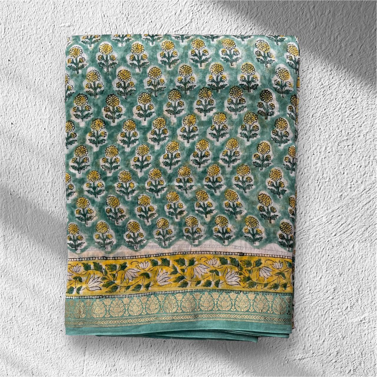 Shubhra | Pastle Green Block Printed Maheshwari Saree