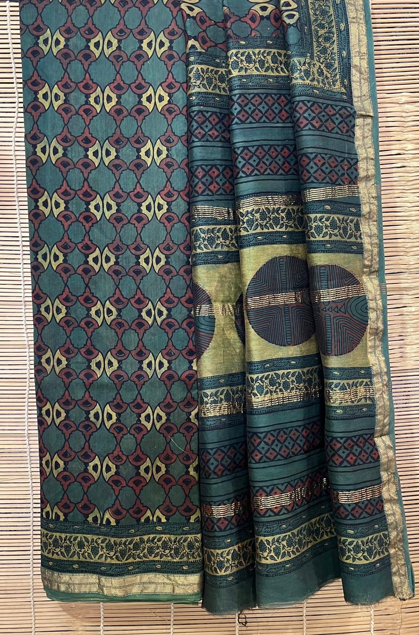 Vanamala | Olive and Brown Block Printed Maheshwari Saree