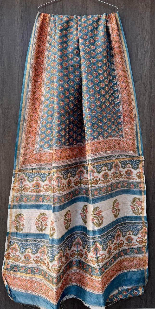Prathika | Blue and Coral Floral Block Printed Chanderi Saree