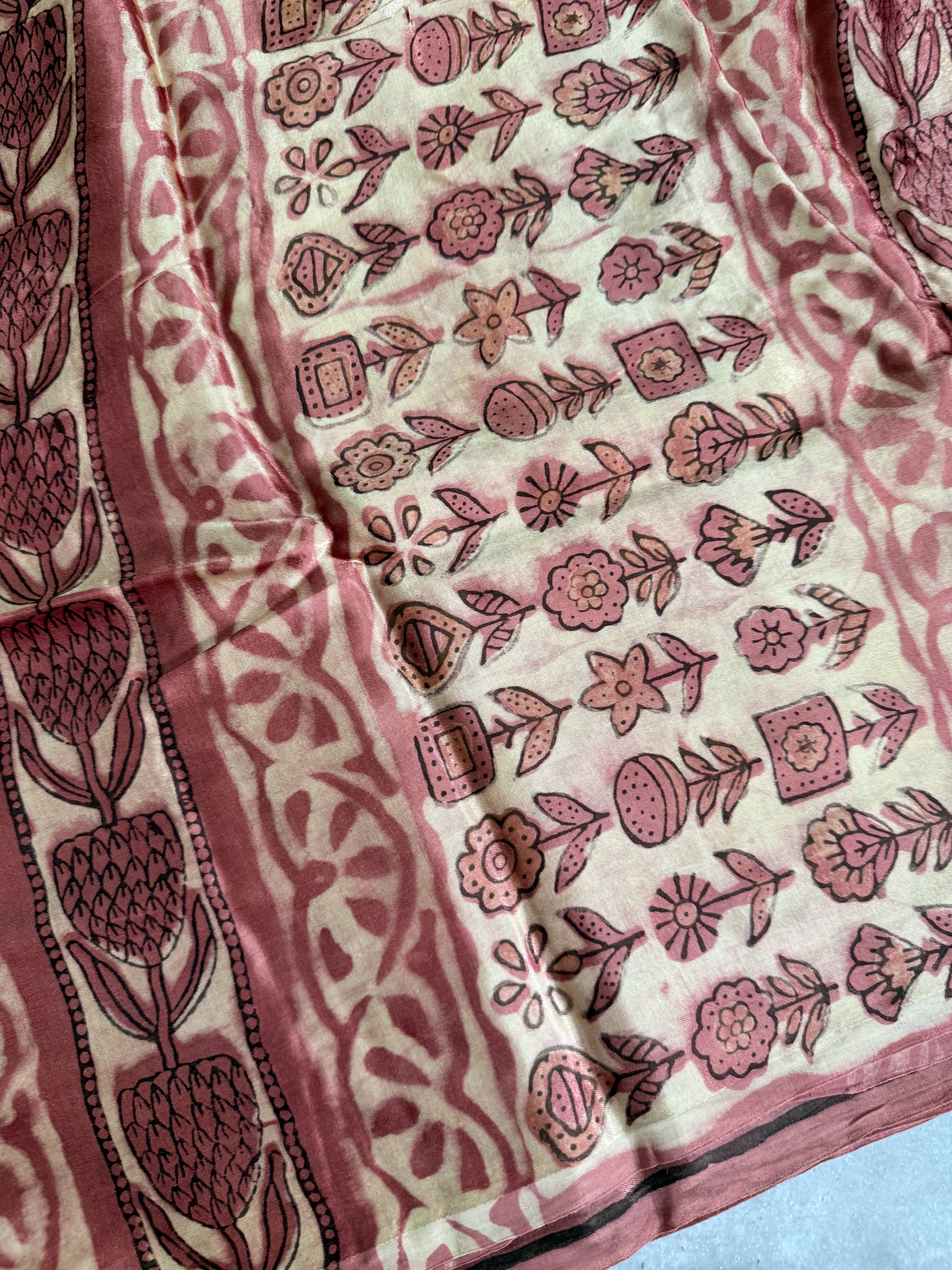 Ivaana| Brown and Peach Floral Block Printed Modal Silk Saree