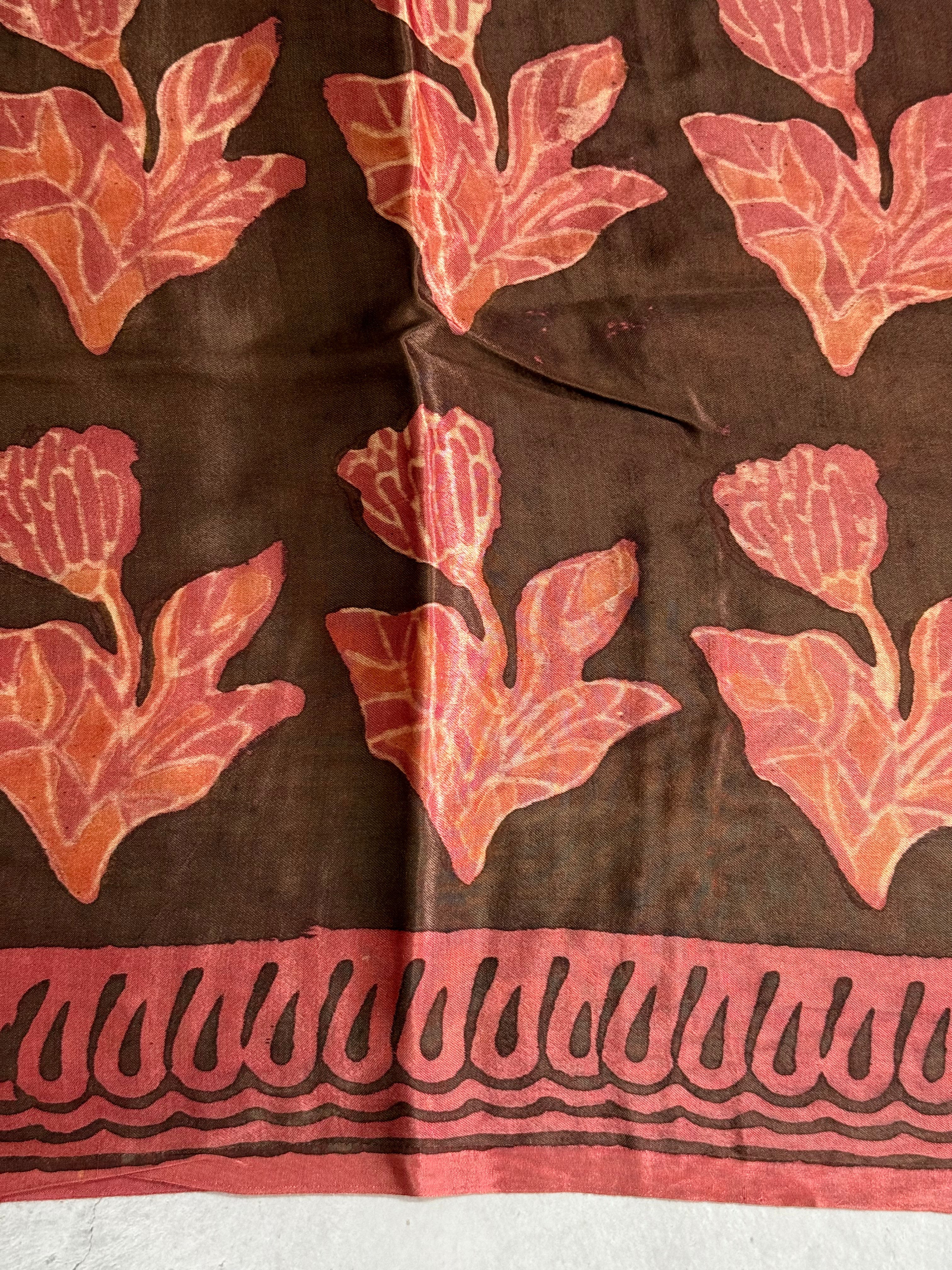 Ivaana| Brown and Peach Floral Block Printed Modal Silk Saree