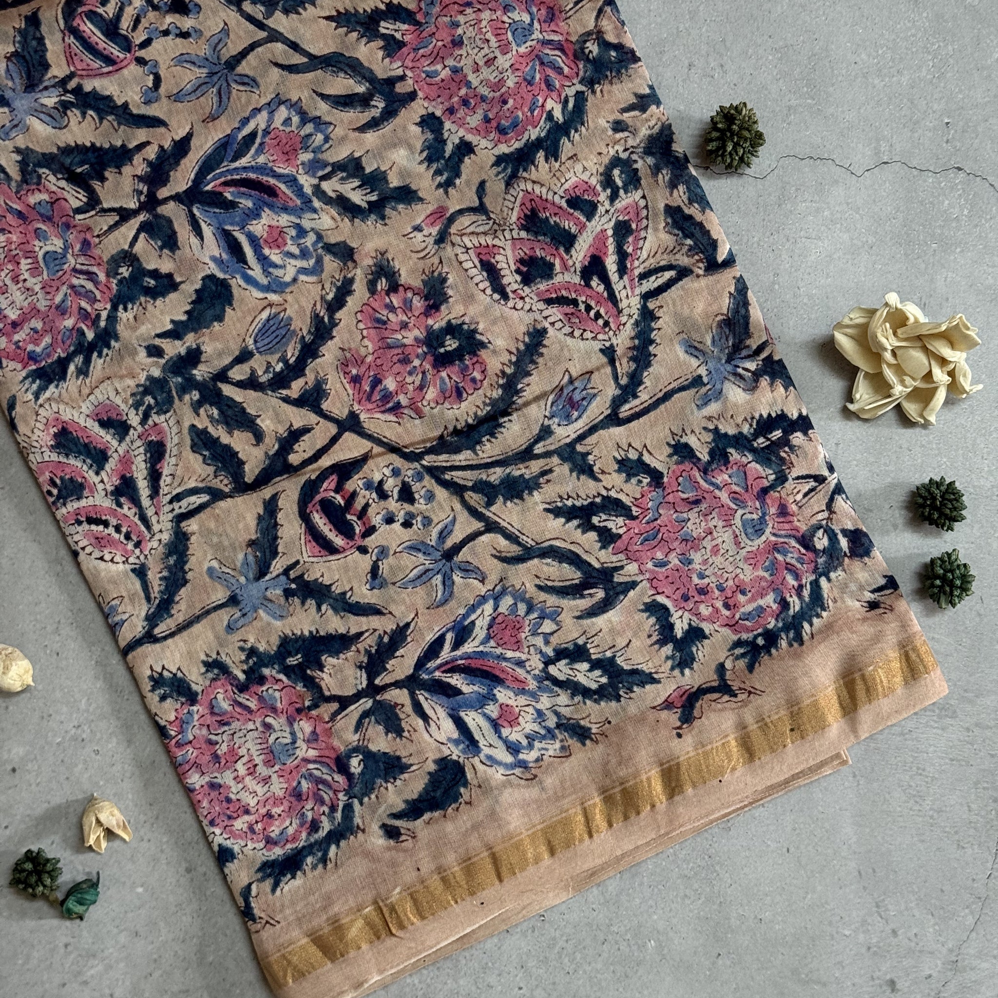 Kiara | Beige Floral Block Printed Chanderi Saree