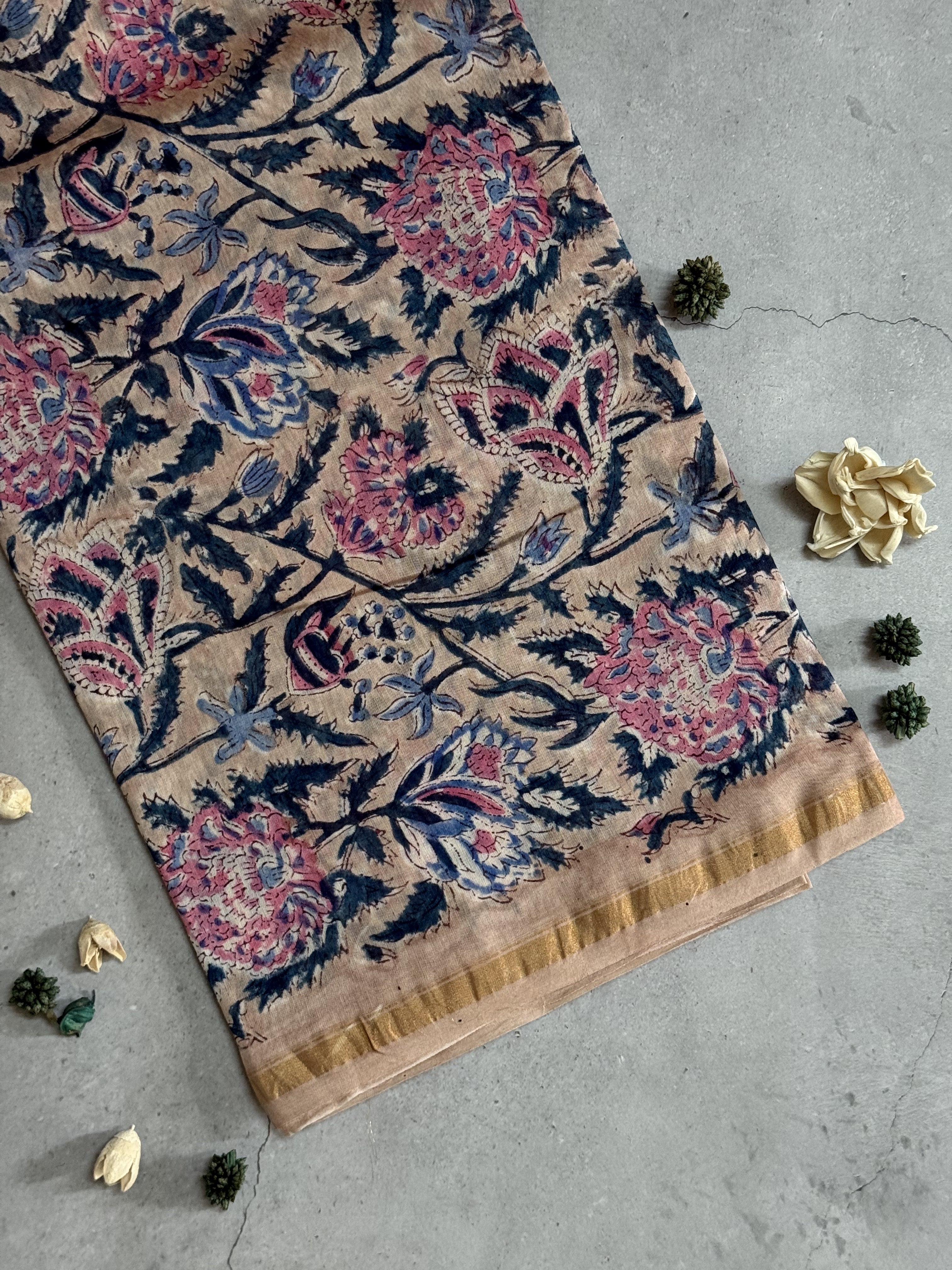 Kiara | Beige Floral Block Printed Chanderi Saree