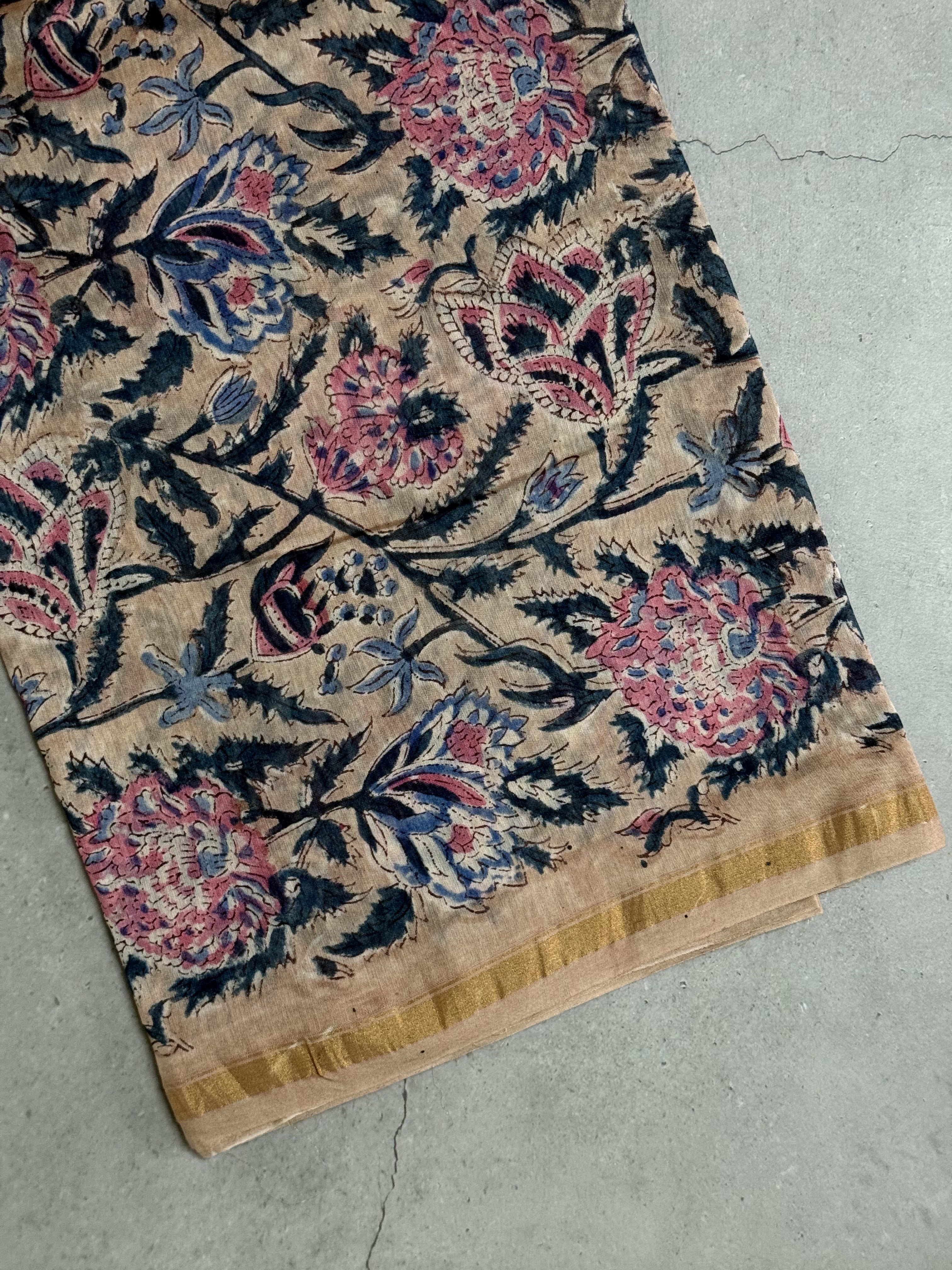Kiara | Beige Floral Block Printed Chanderi Saree