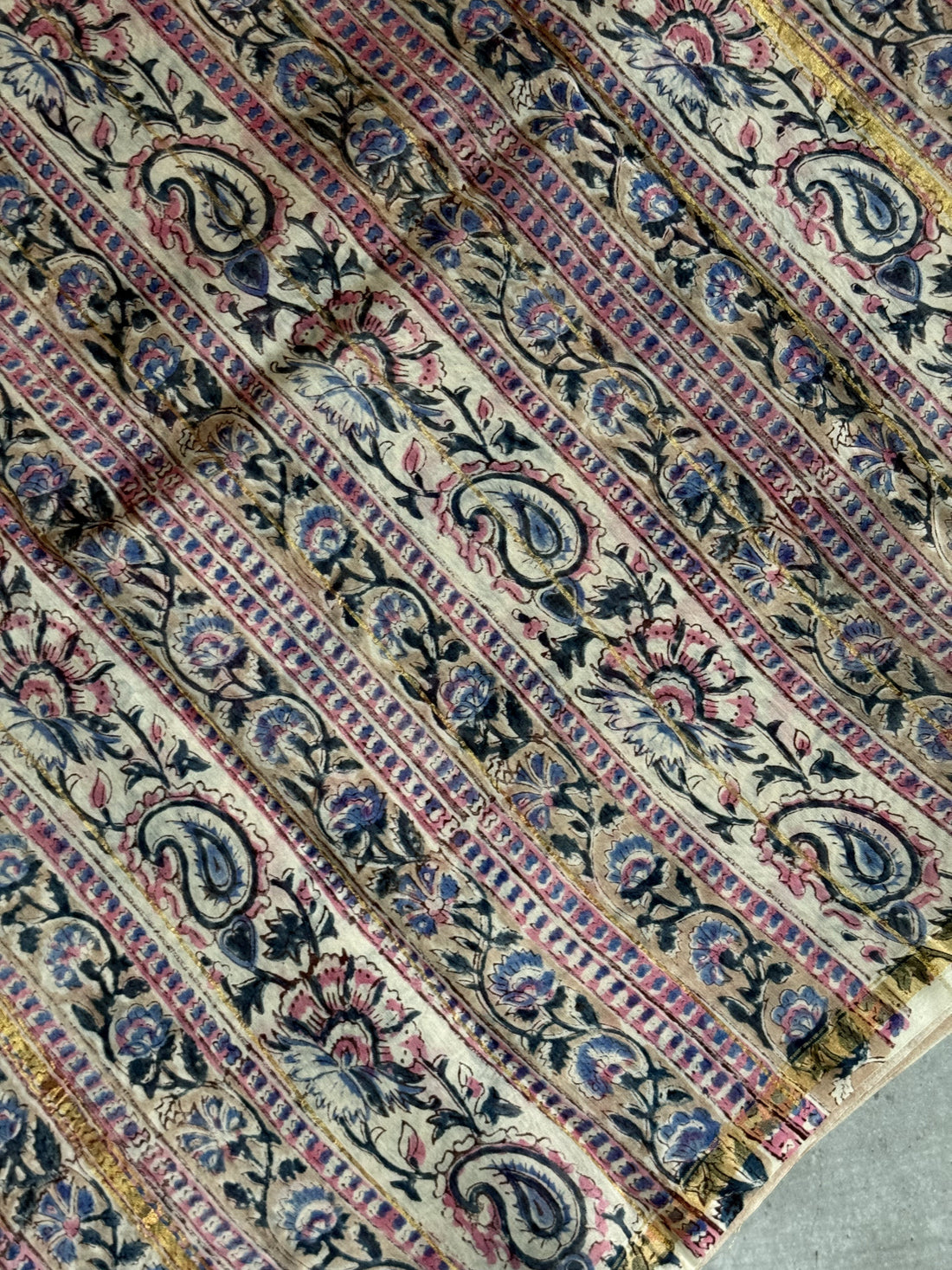 Kiara | Beige Floral Block Printed Chanderi Saree