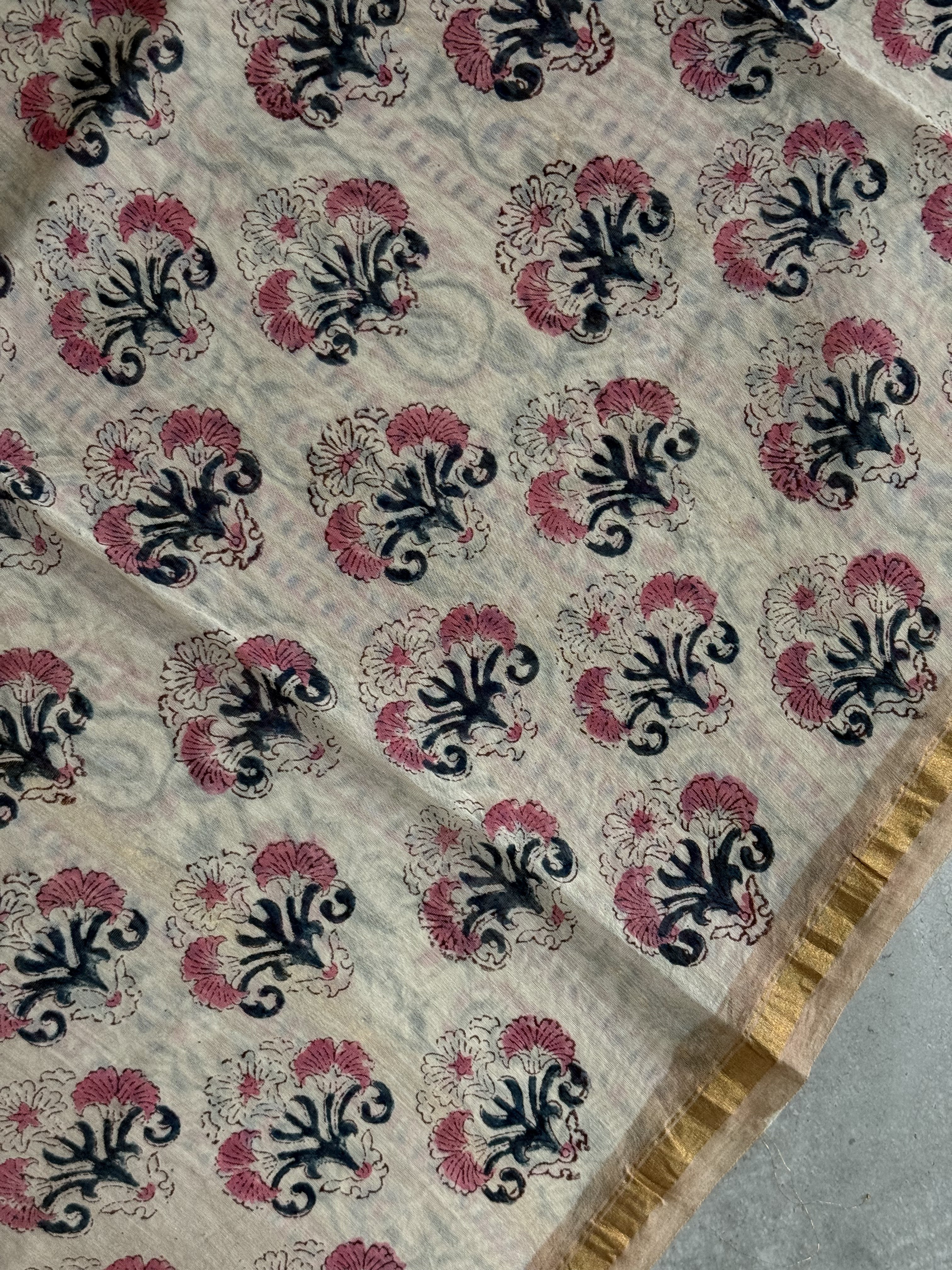 Kiara | Beige Floral Block Printed Chanderi Saree