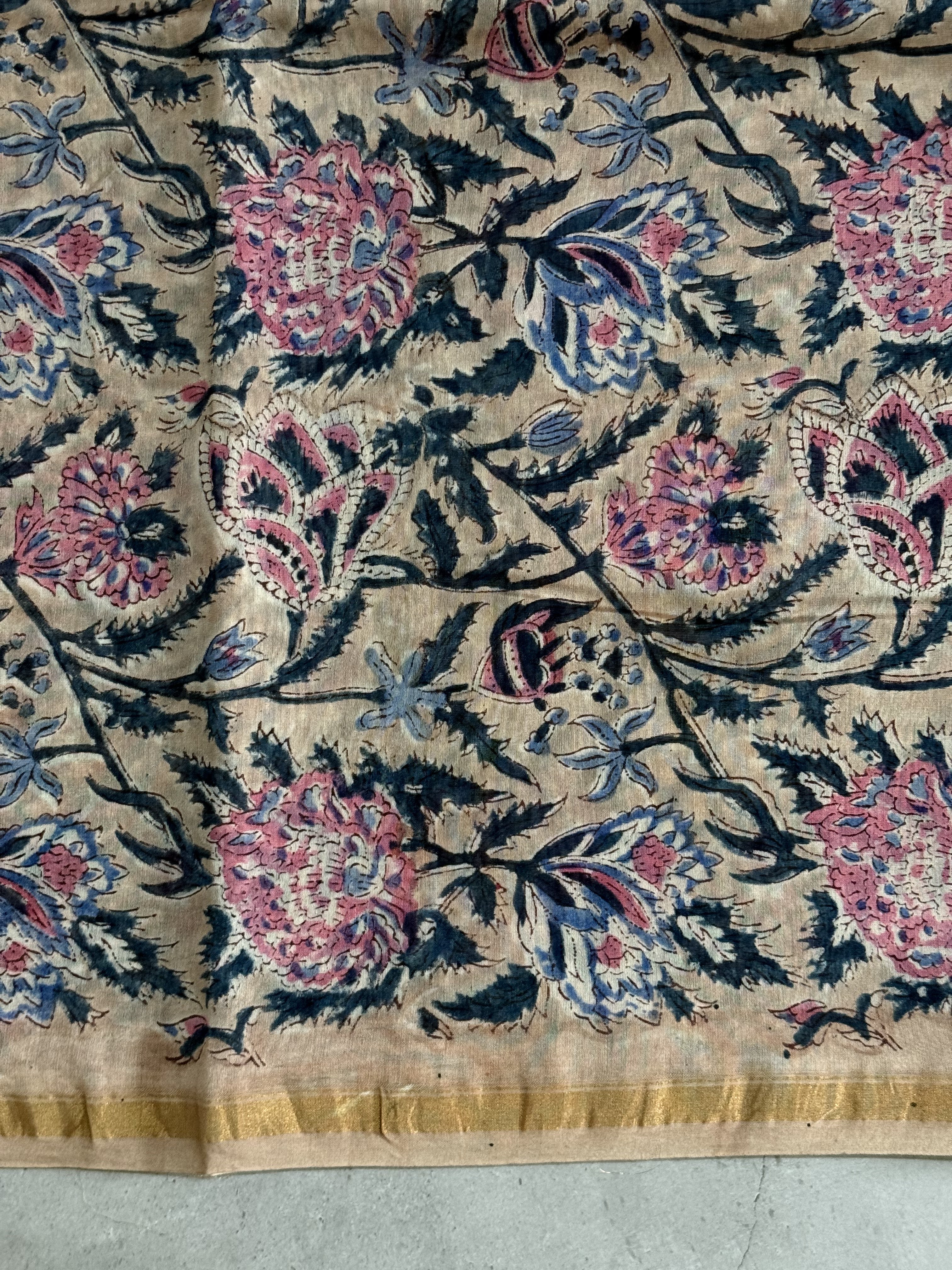 Kiara | Beige Floral Block Printed Chanderi Saree
