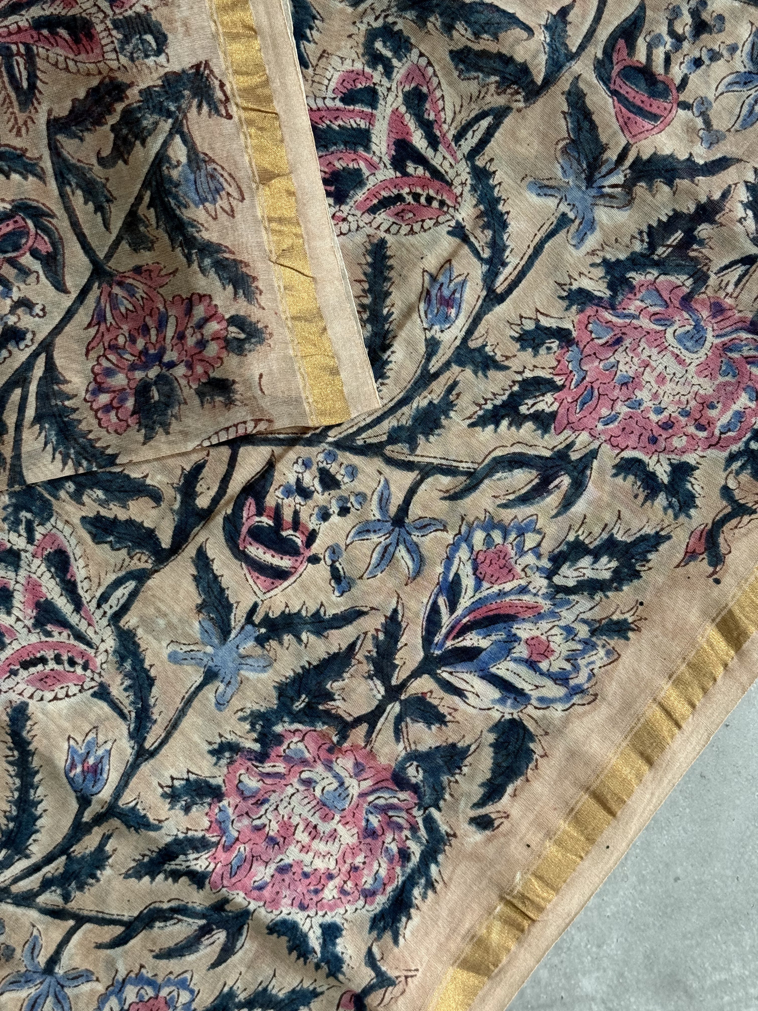 Kiara | Beige Floral Block Printed Chanderi Saree