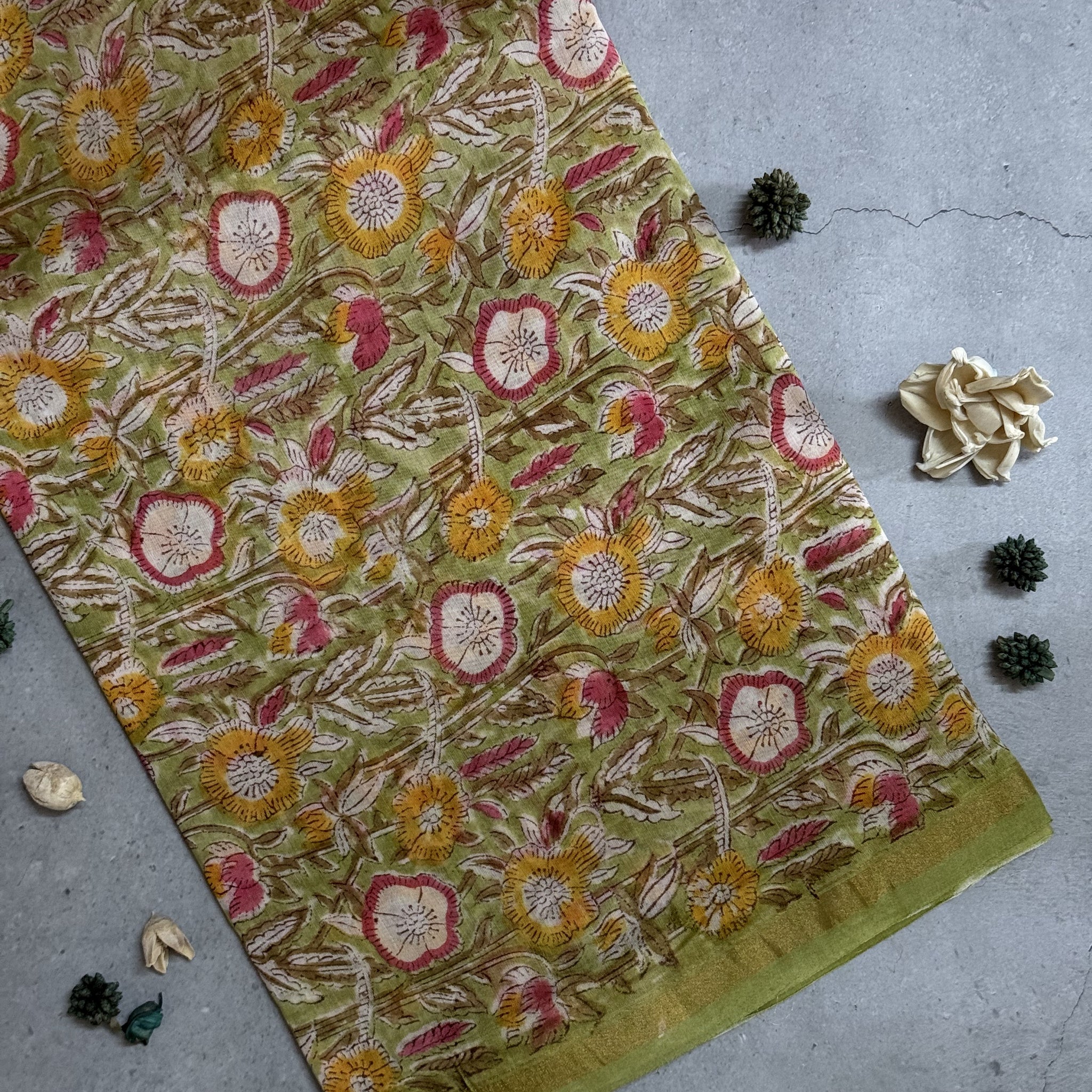 Mahi | Green Floral Block Printed Chanderi Saree