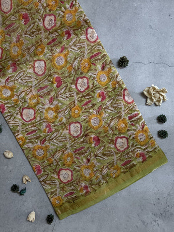 Mahi | Green Floral Block Printed Chanderi Saree