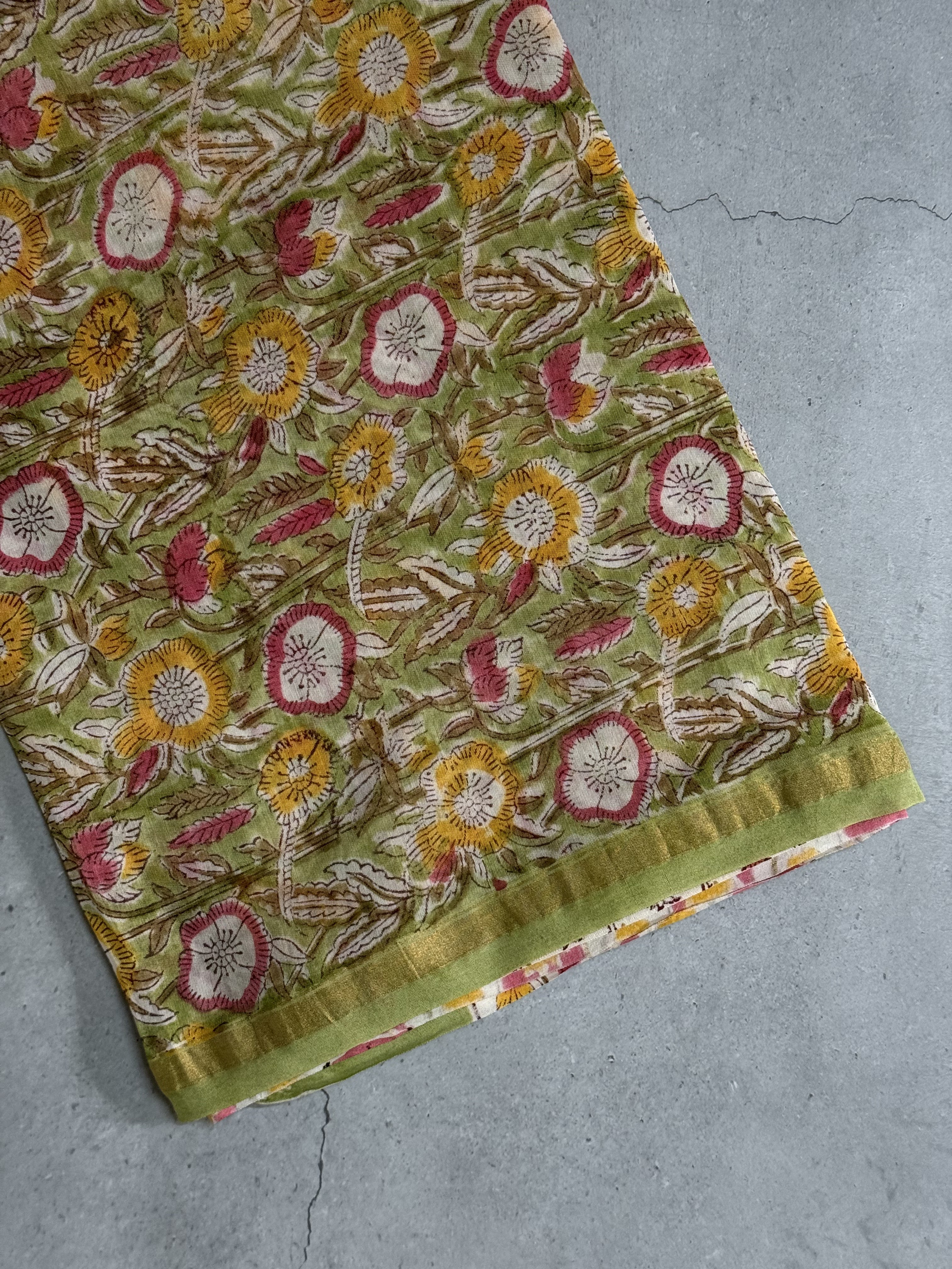 Mahi | Green Floral Block Printed Chanderi Saree
