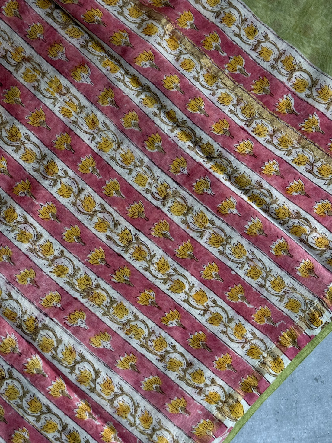 Mahi | Green Floral Block Printed Chanderi Saree