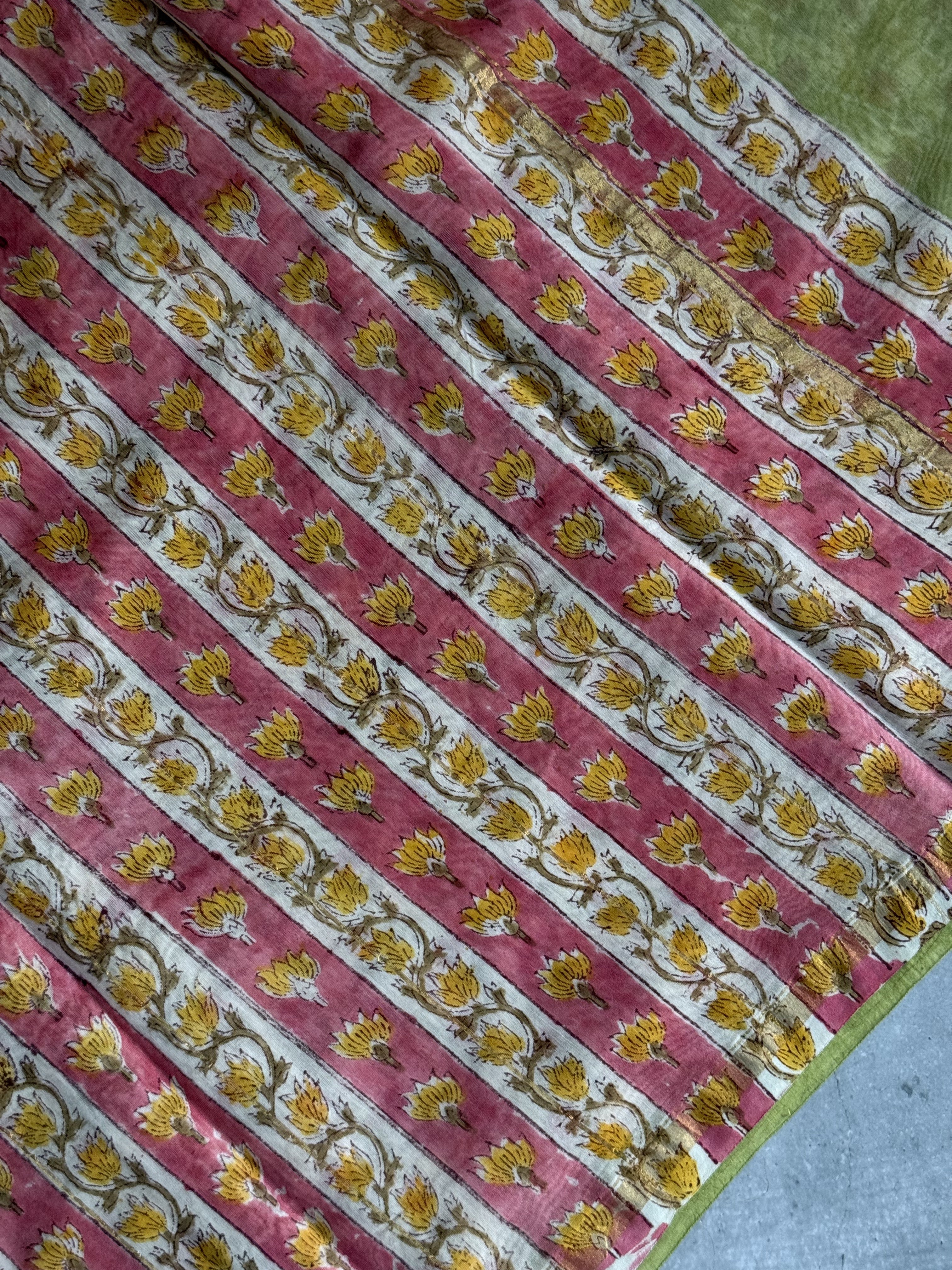 Mahi | Green Floral Block Printed Chanderi Saree