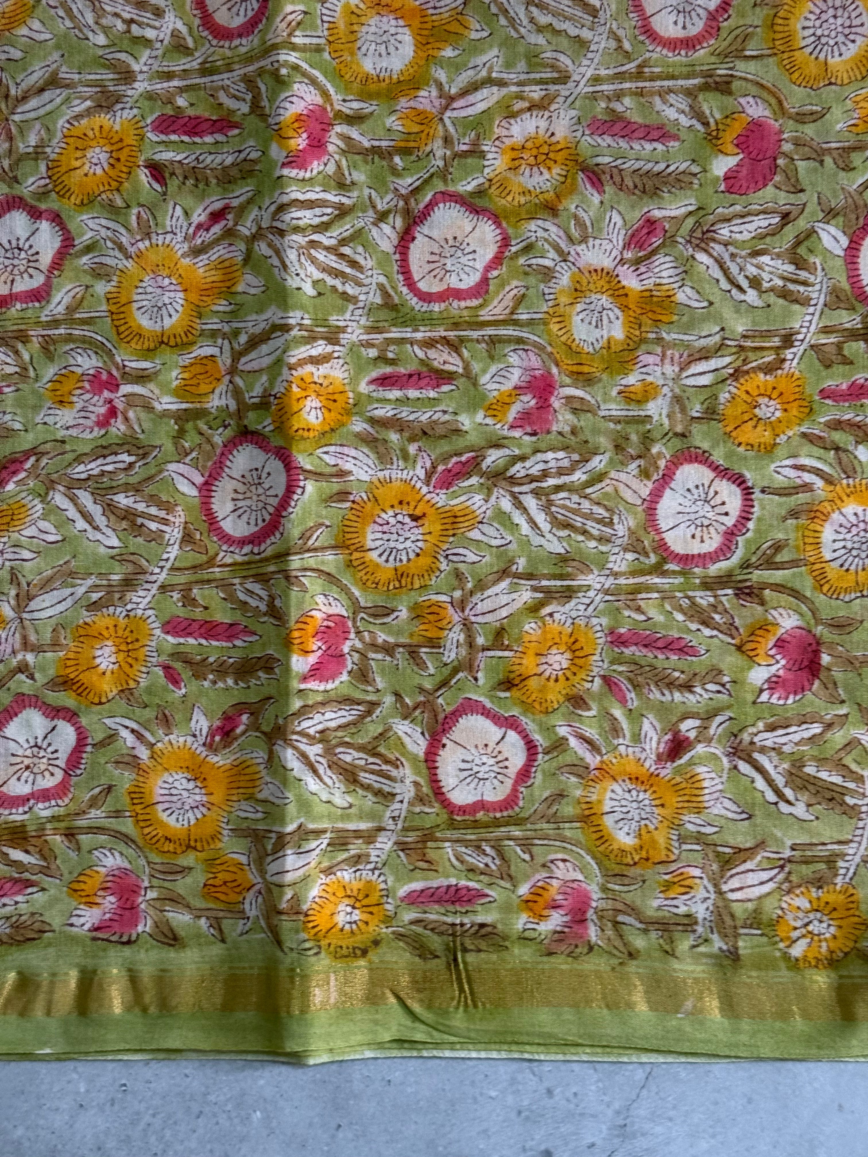 Mahi | Green Floral Block Printed Chanderi Saree