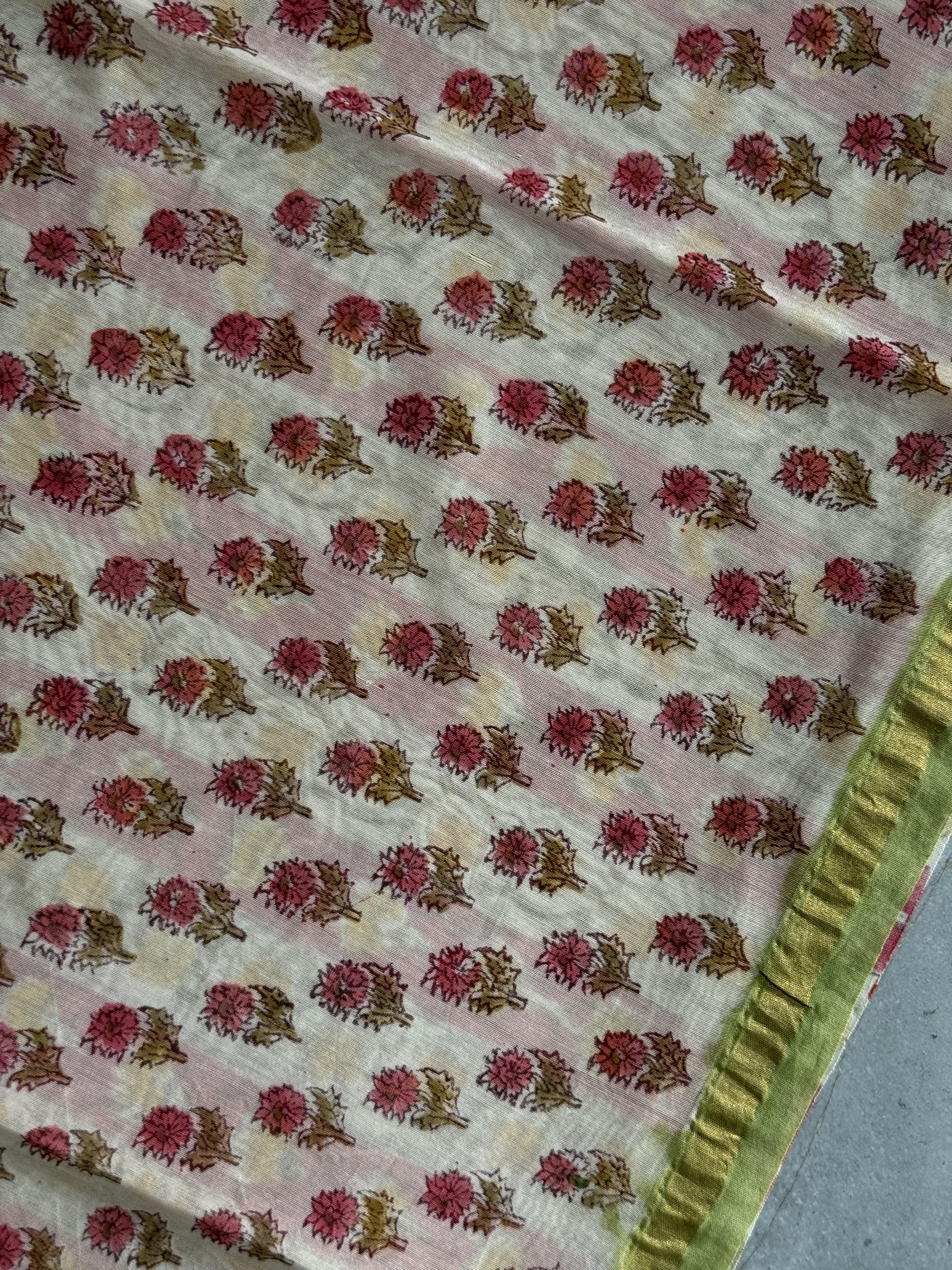 Mahi | Green Floral Block Printed Chanderi Saree
