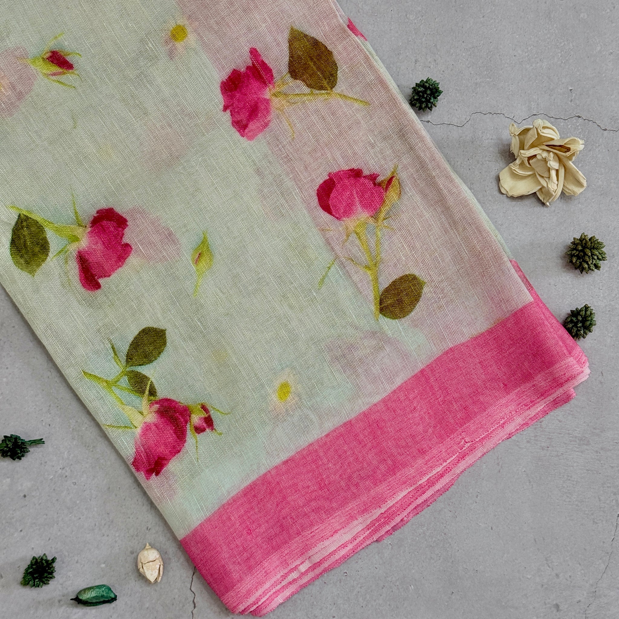 Pranila | Blue and Pink Floral Printed Linen Saree
