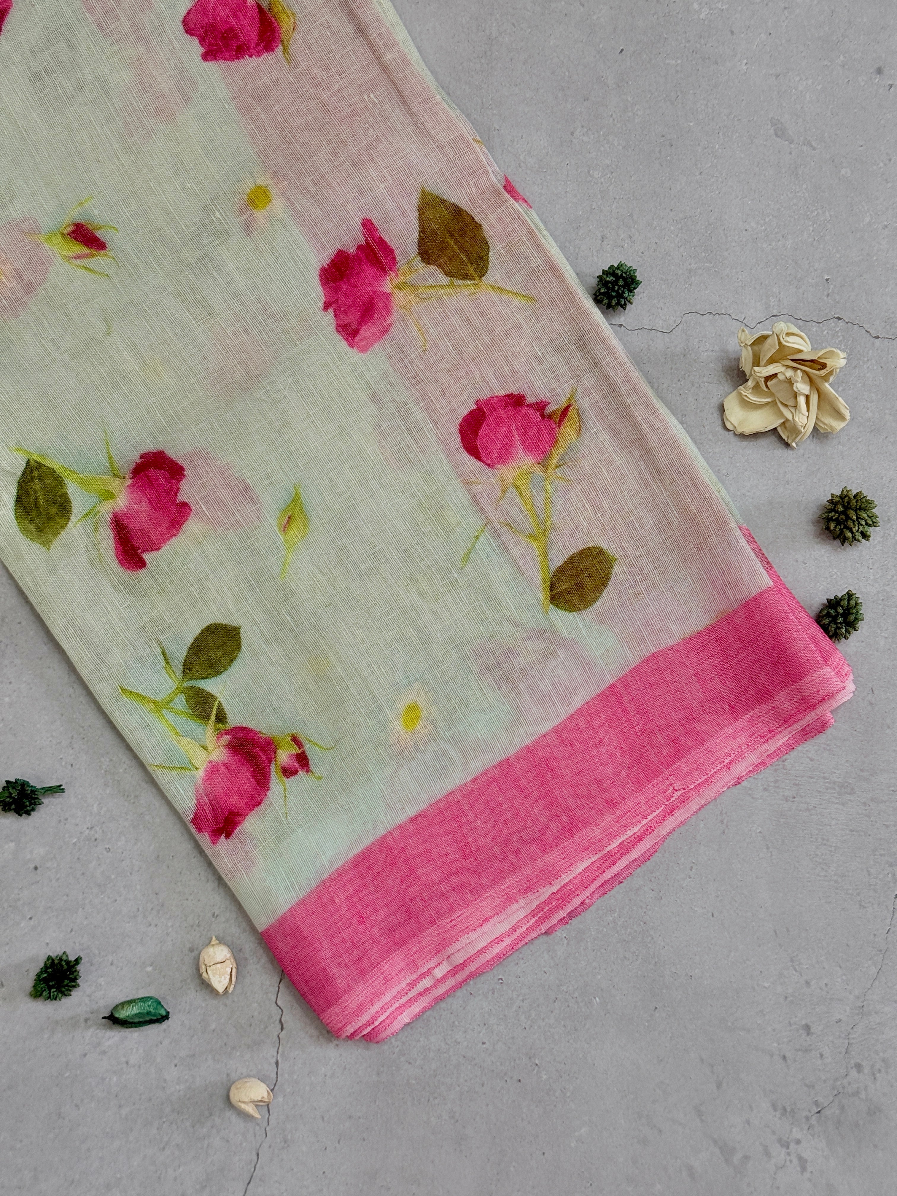 Pranila | Blue and Pink Floral Printed Linen Saree