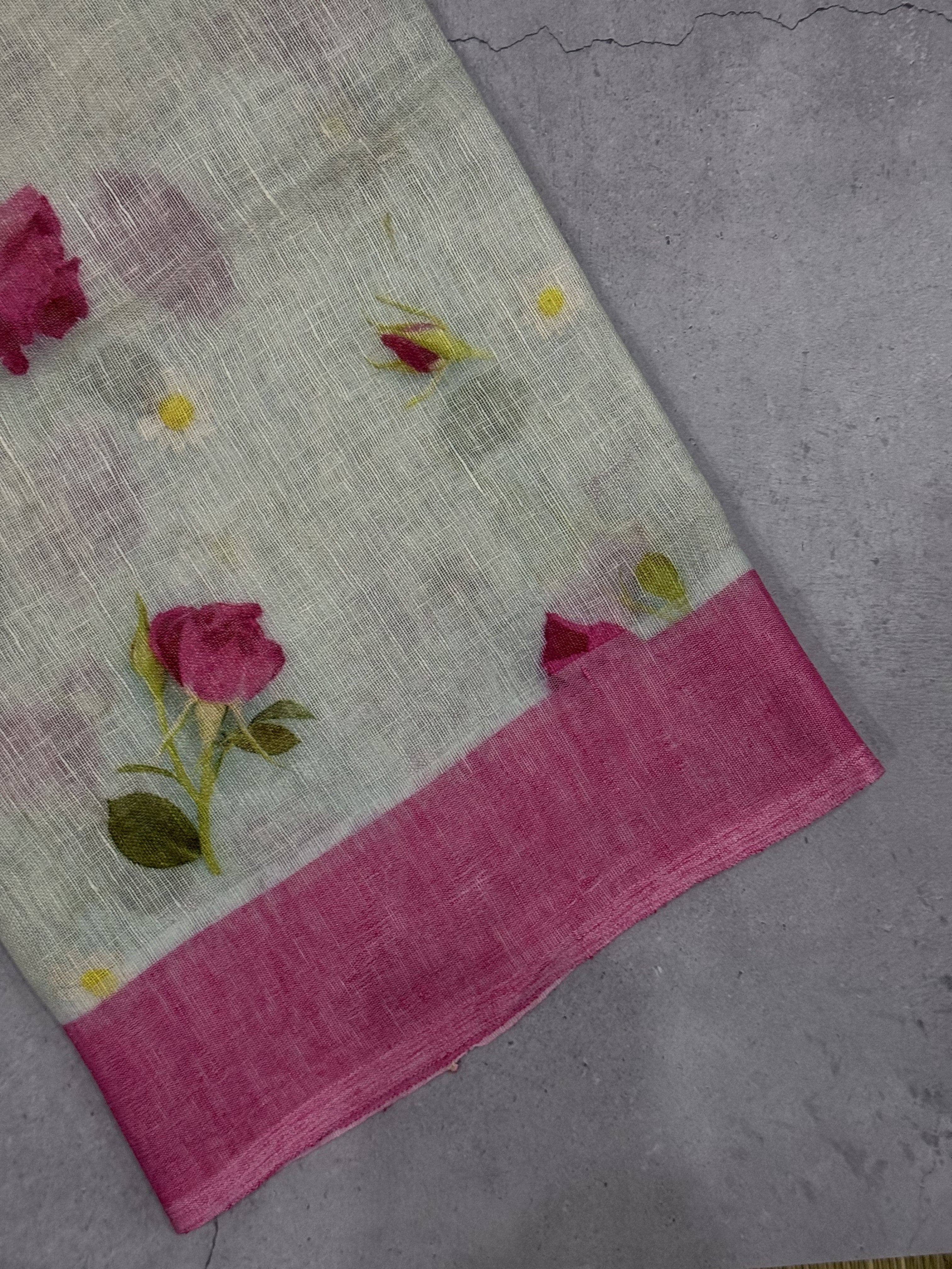 Pranila | Blue and Pink Floral Printed Linen Saree