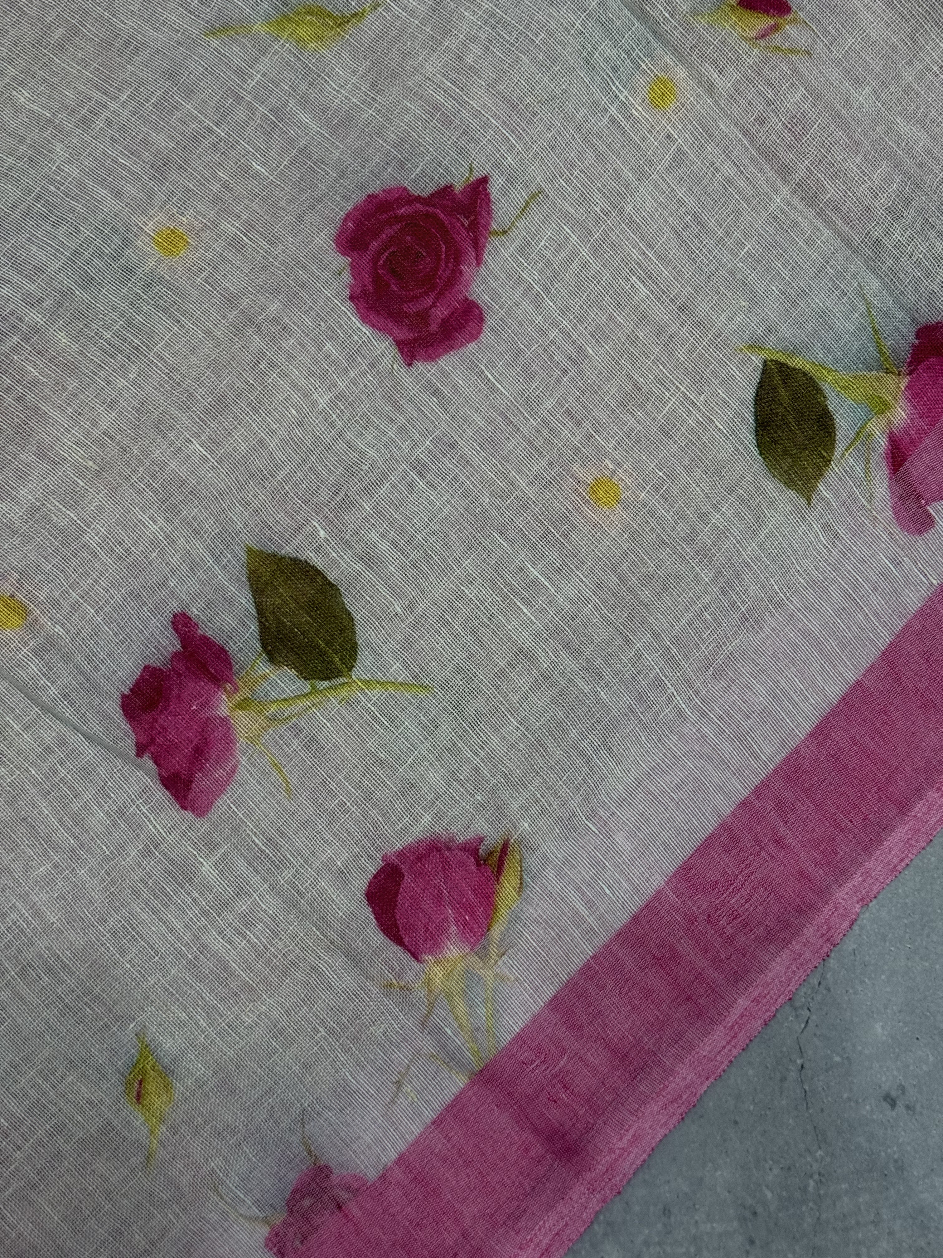 Pranila | Blue and Pink Floral Printed Linen Saree