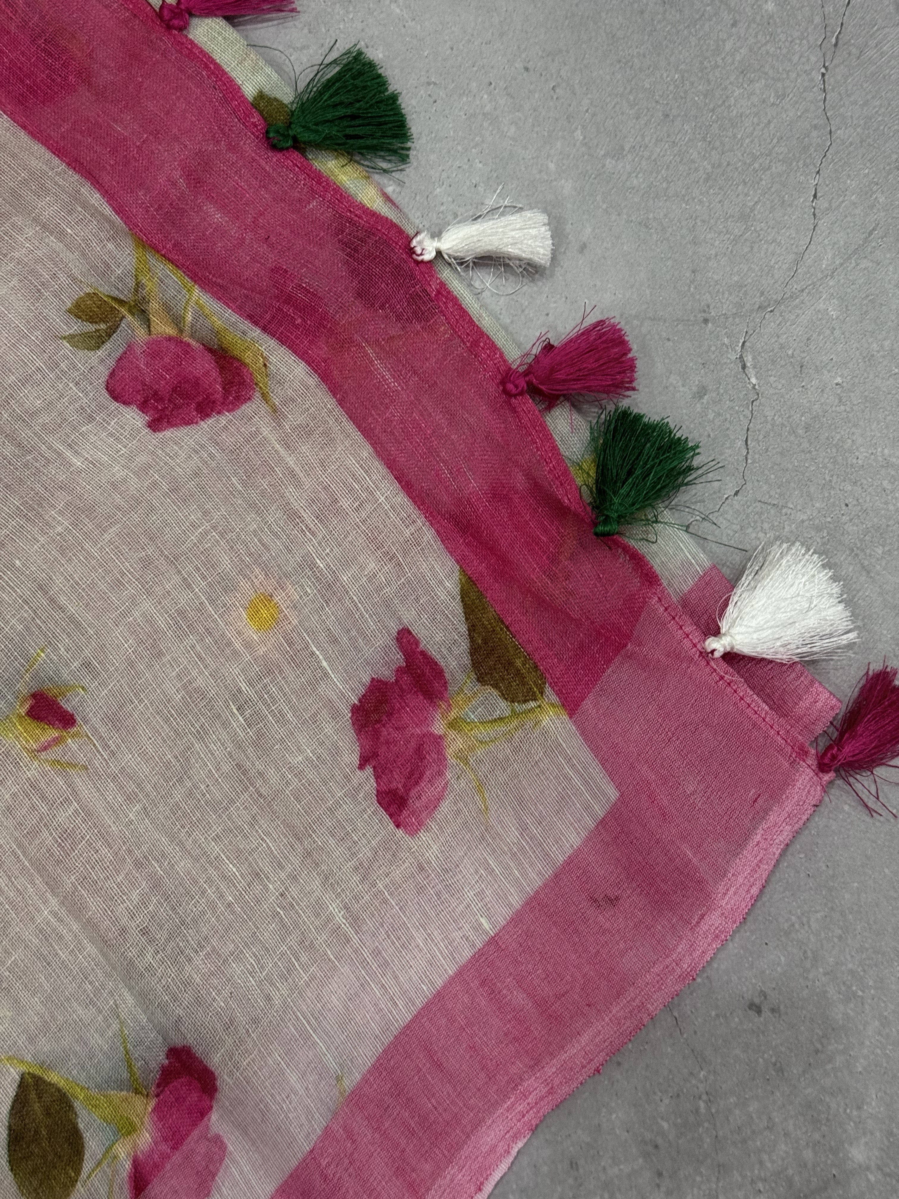 Pranila | Blue and Pink Floral Printed Linen Saree