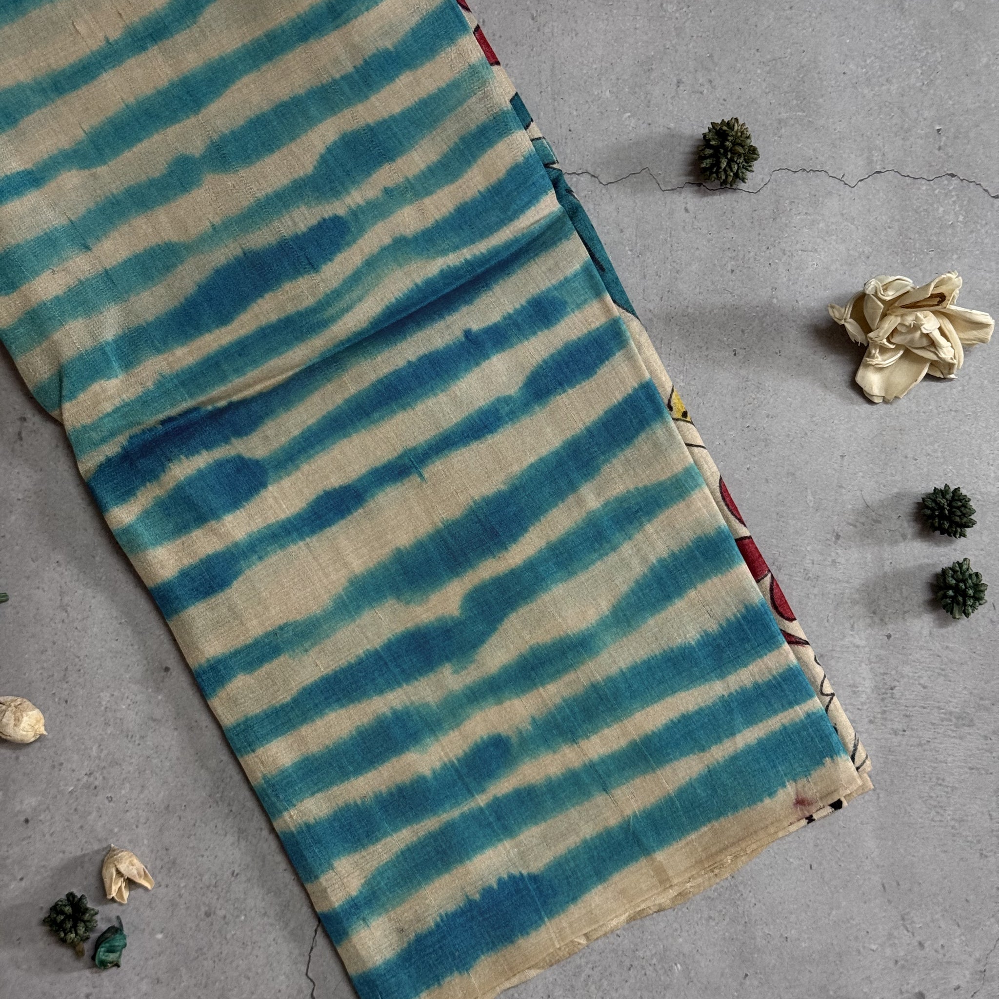 Rhea | Blue and White Hand Painted Tussar Silk Saree