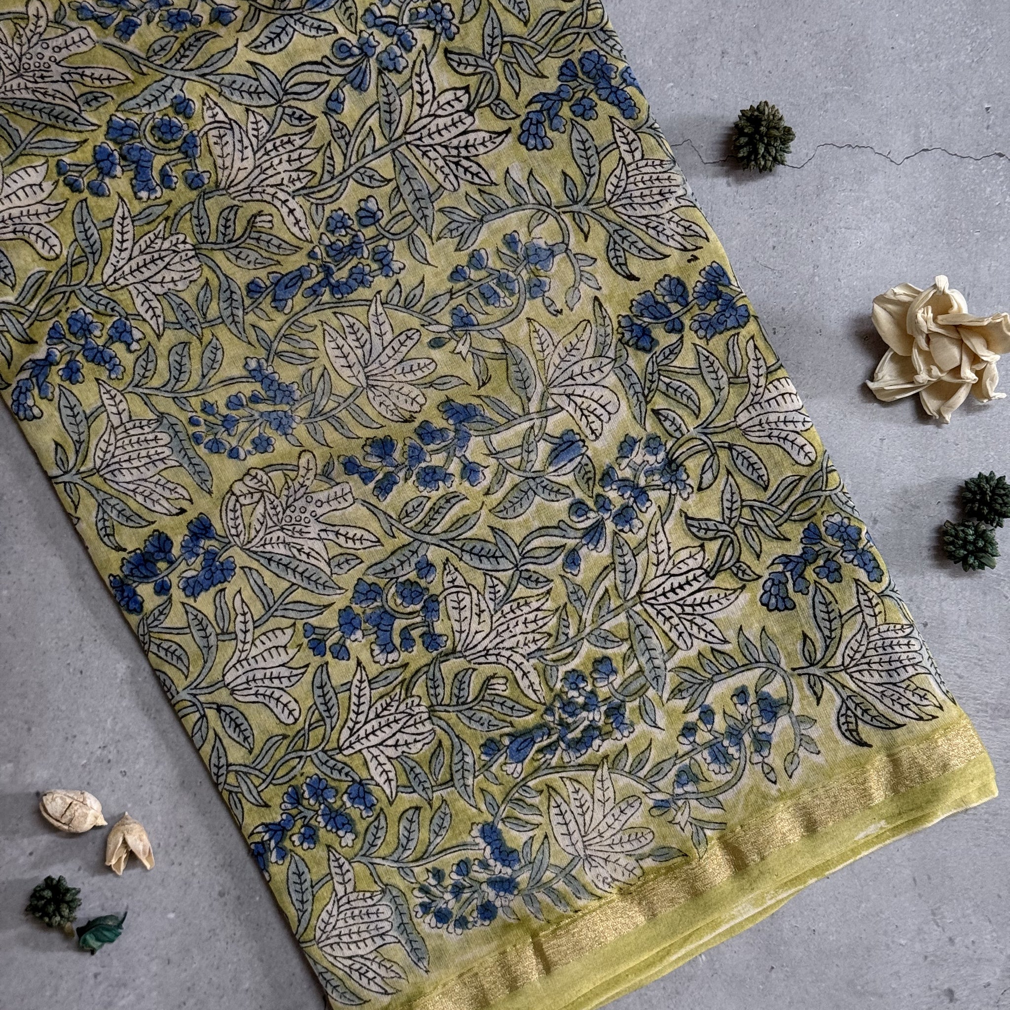 Samritha | Green Floral Block Printed Chanderi Saree