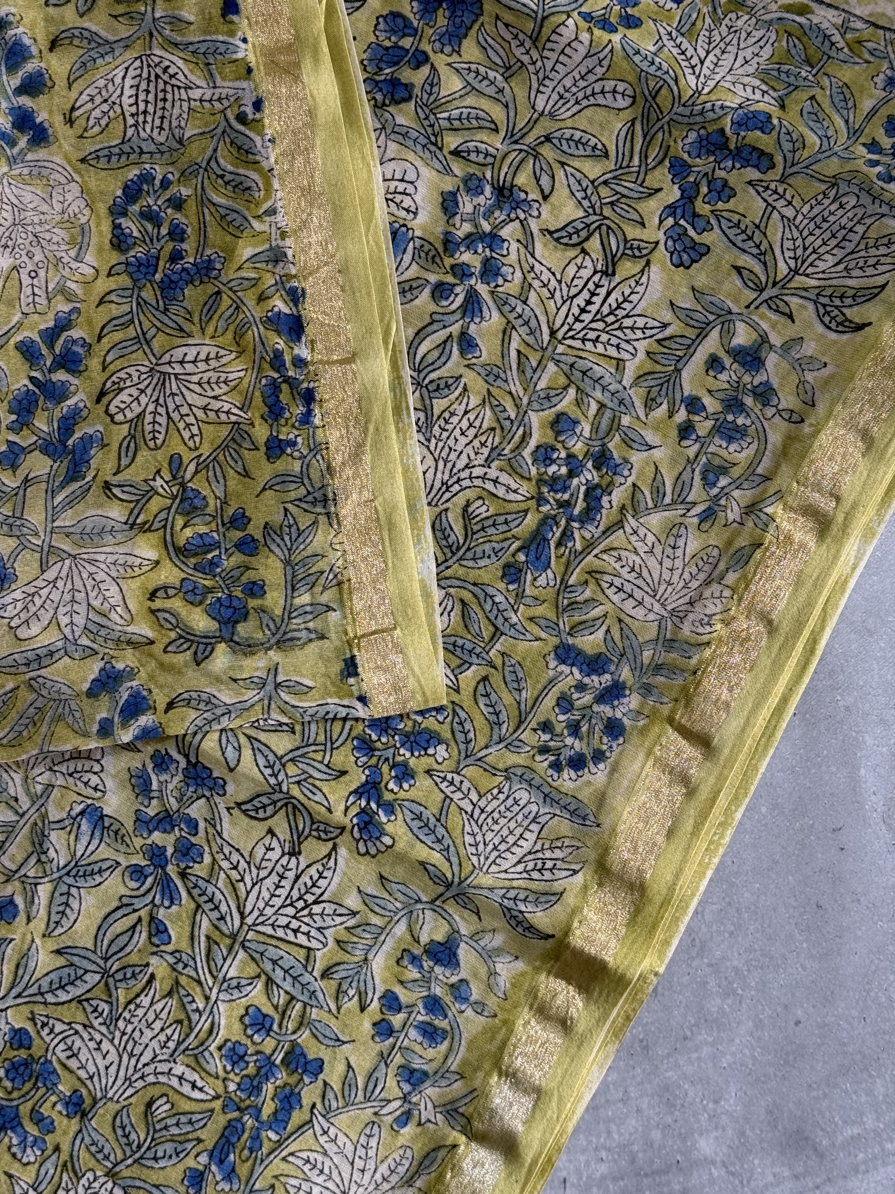 Samritha | Green Floral Block Printed Chanderi Saree