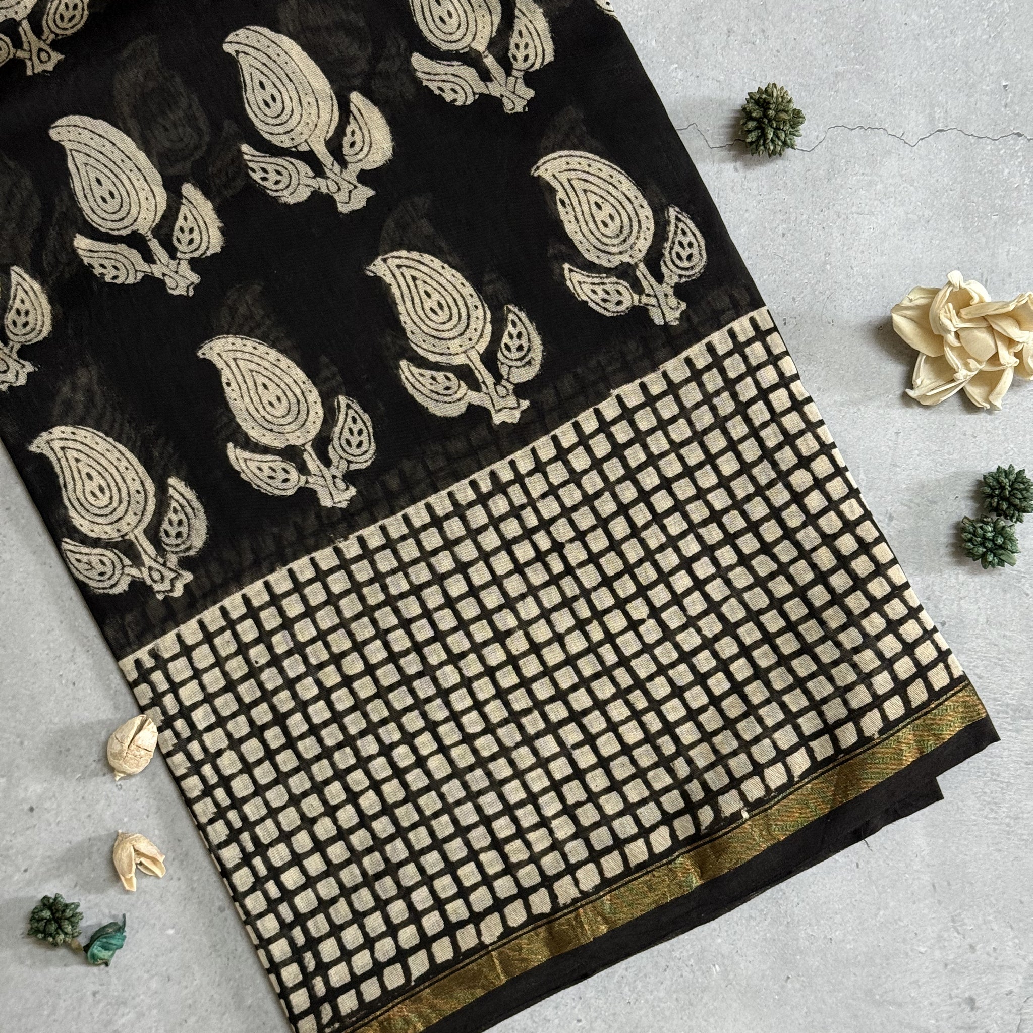 Takshvi | Black Block Printed Chanderi Saree