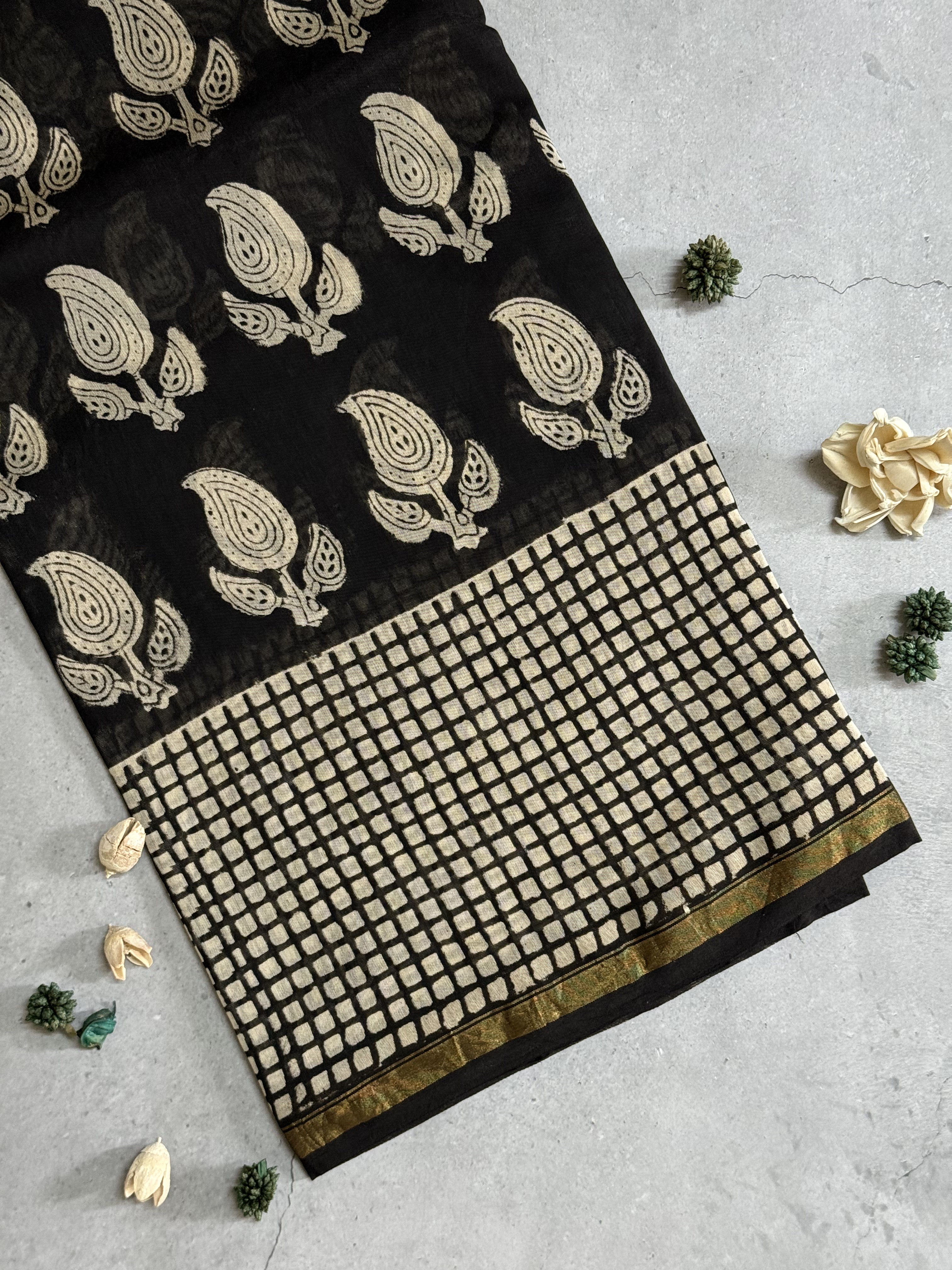 Takshvi | Black Block Printed Chanderi Saree