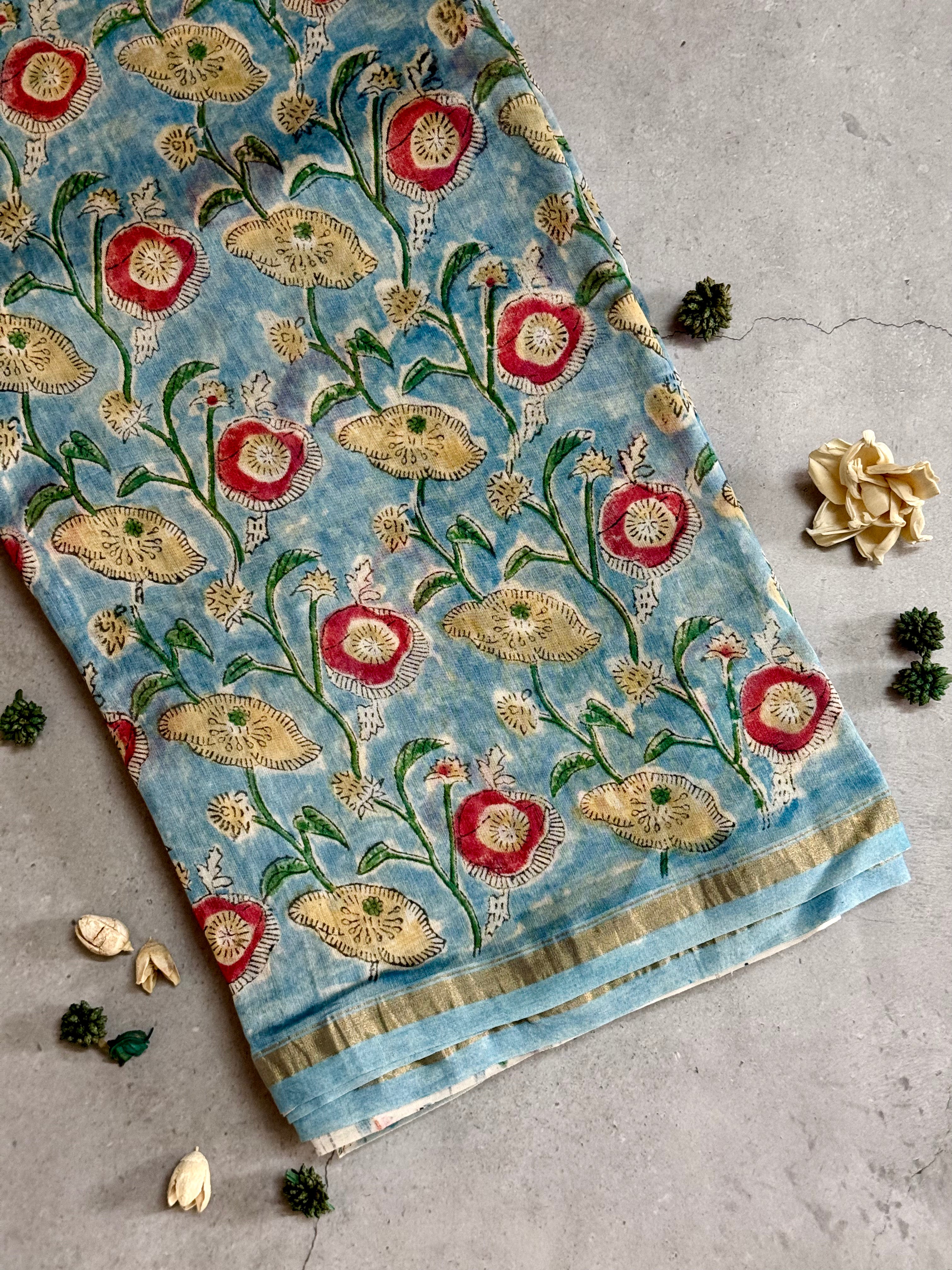 Thiya | Blue Floral Block Printed Chanderi Saree