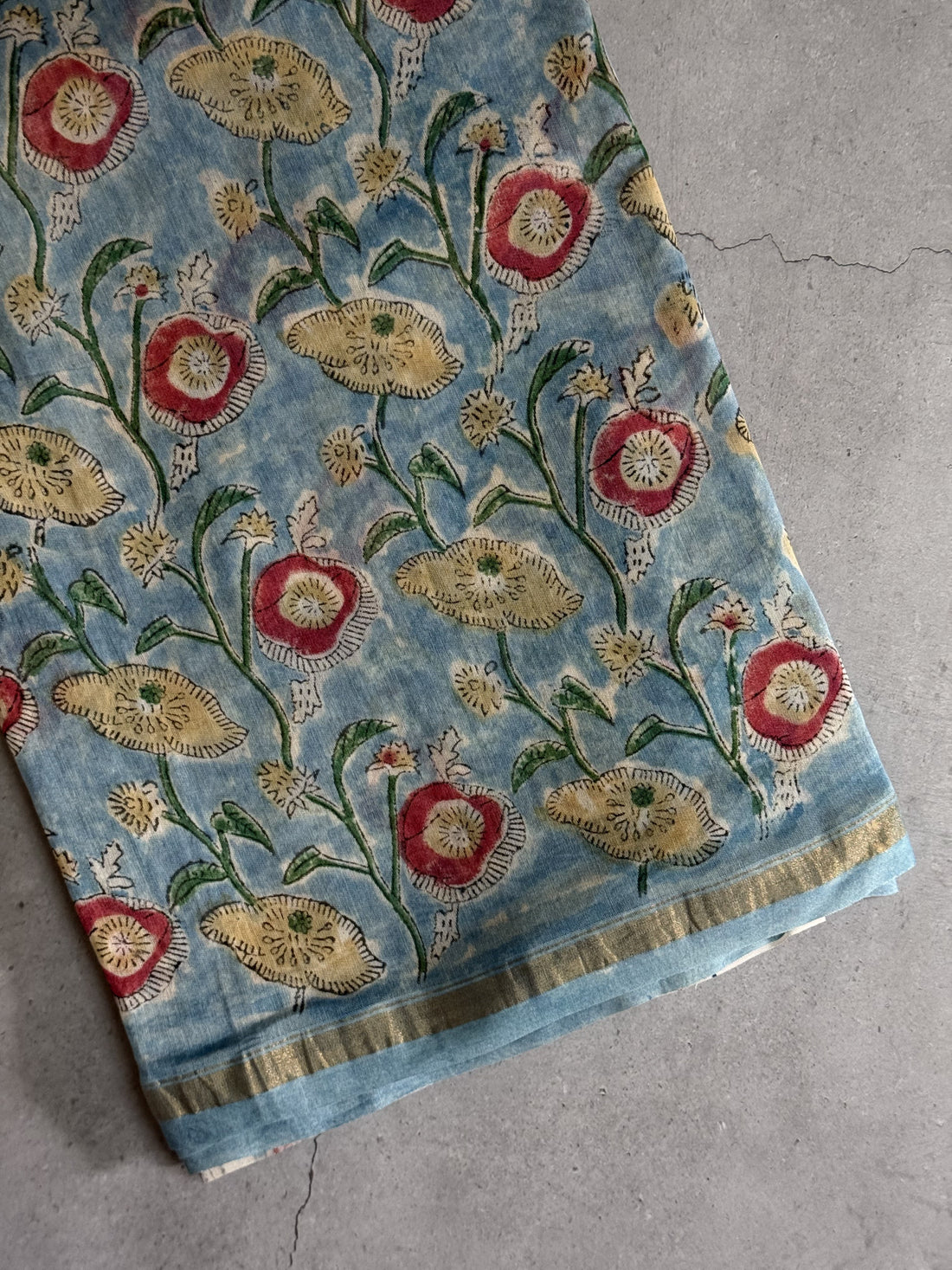 Thiya | Blue Floral Block Printed Chanderi Saree
