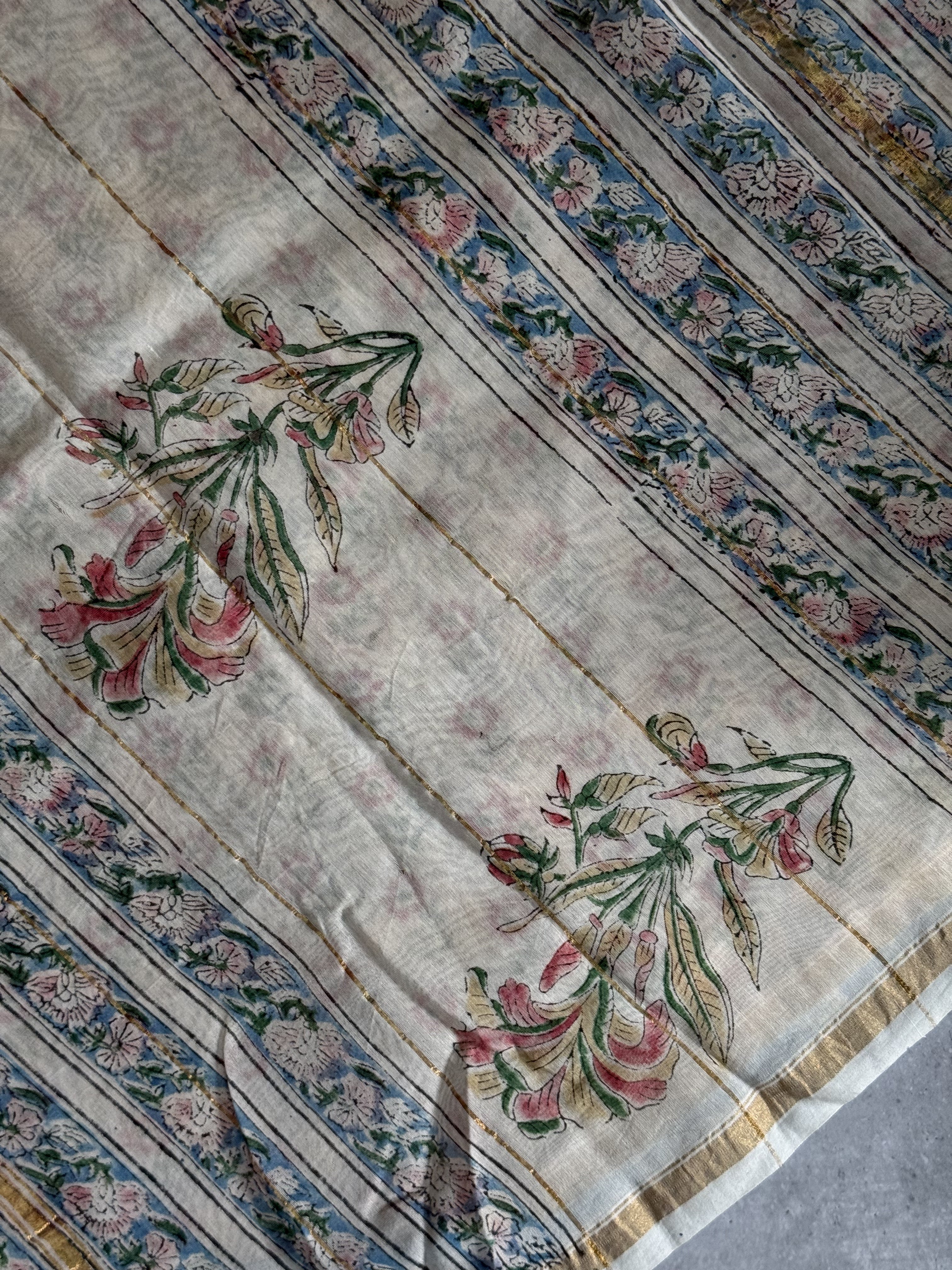 Thiya | Blue Floral Block Printed Chanderi Saree