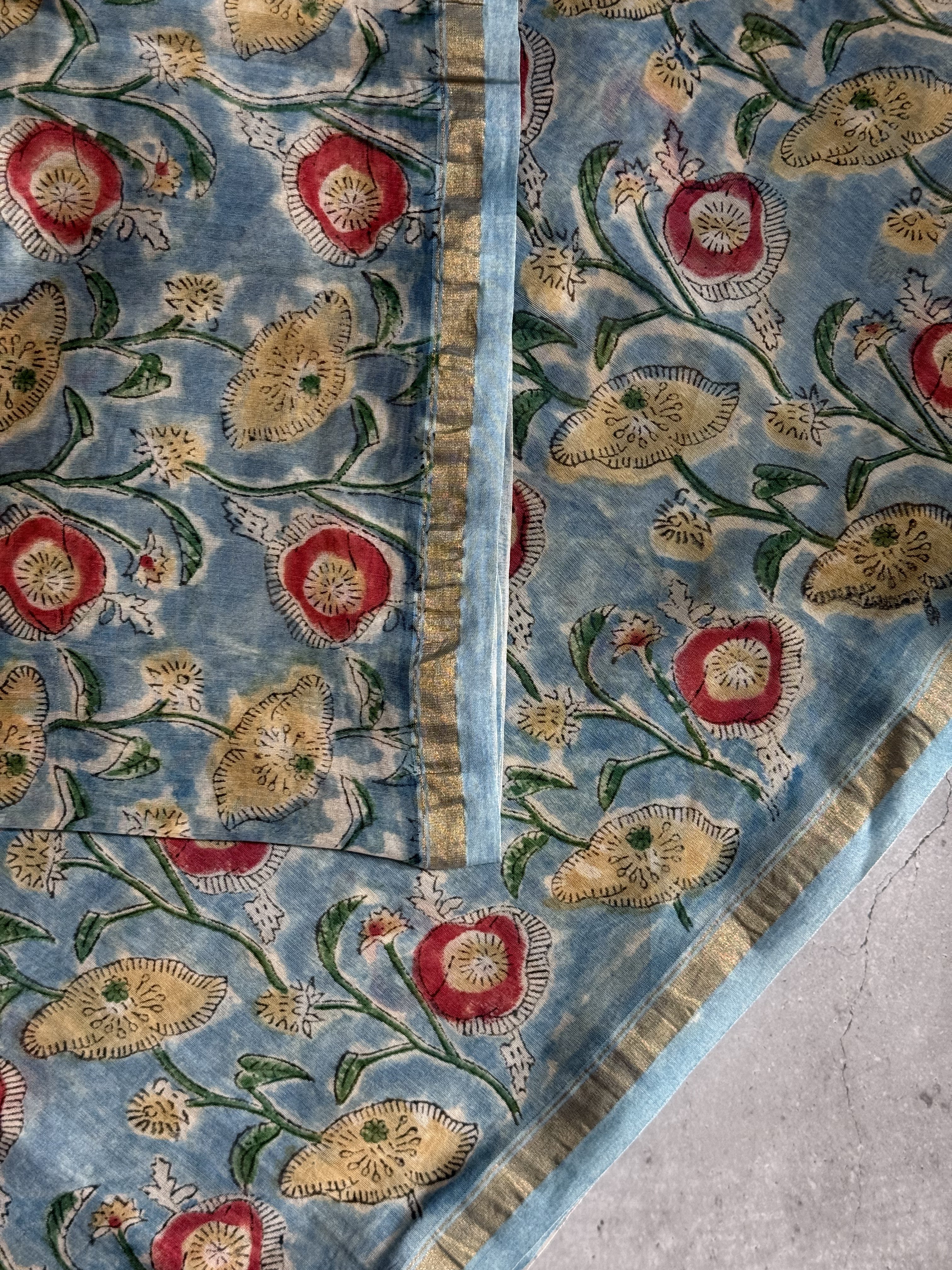 Thiya | Blue Floral Block Printed Chanderi Saree