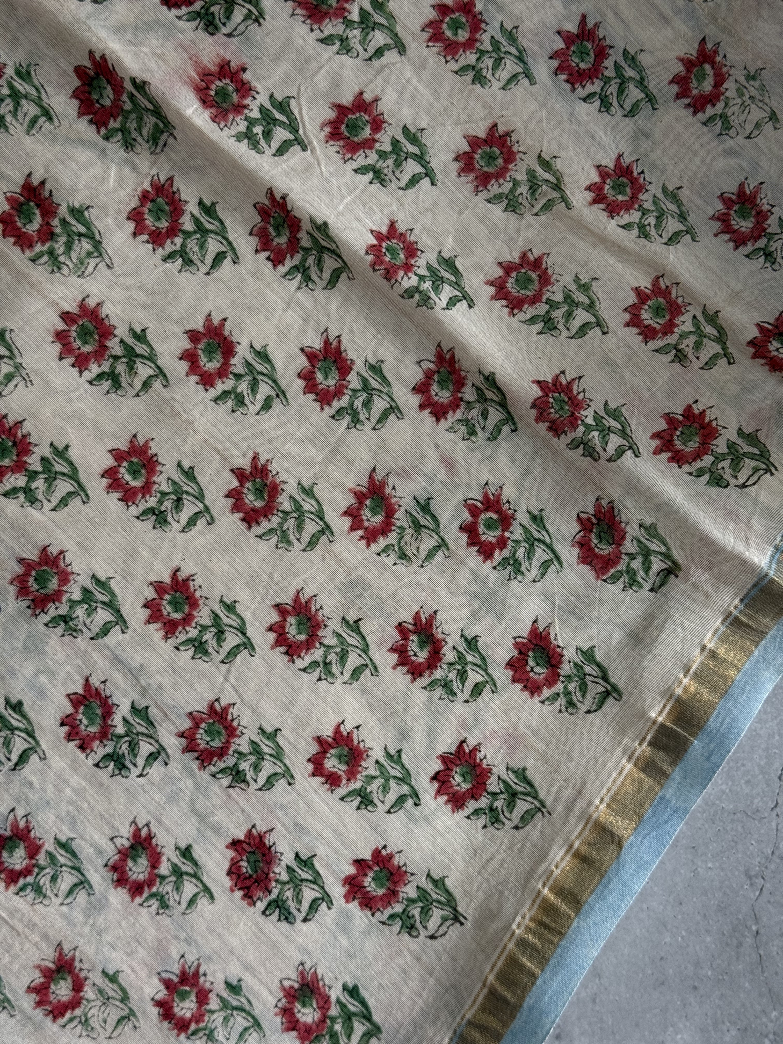 Thiya | Blue Floral Block Printed Chanderi Saree