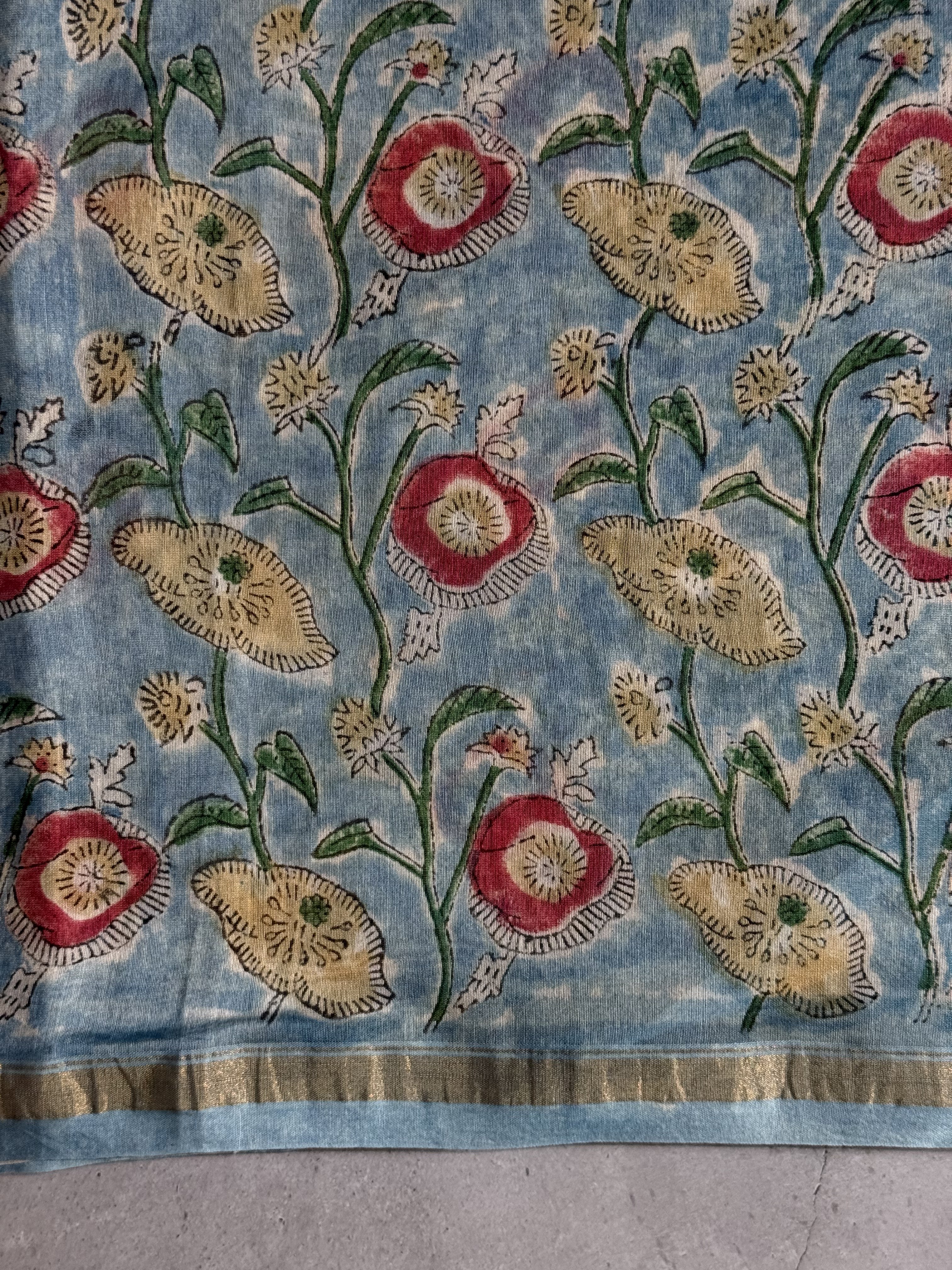 Thiya | Blue Floral Block Printed Chanderi Saree